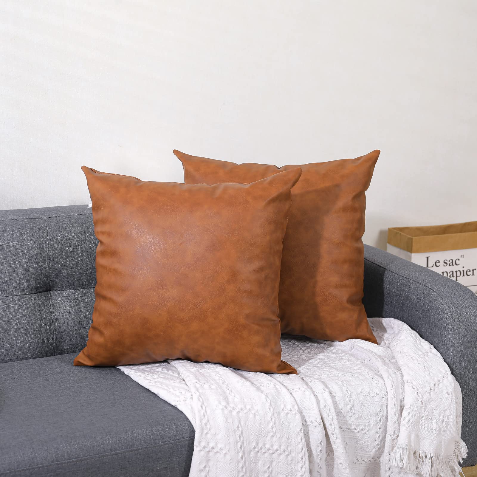 Premium Set of 2 Faux Leather Throw Pillow Covers - Modern Brown Decorative Outdoor Cushion Covers (16x16 Inches) for Sofa, Couch & Bed - Perfect for Living Room, Patio & Home Decor