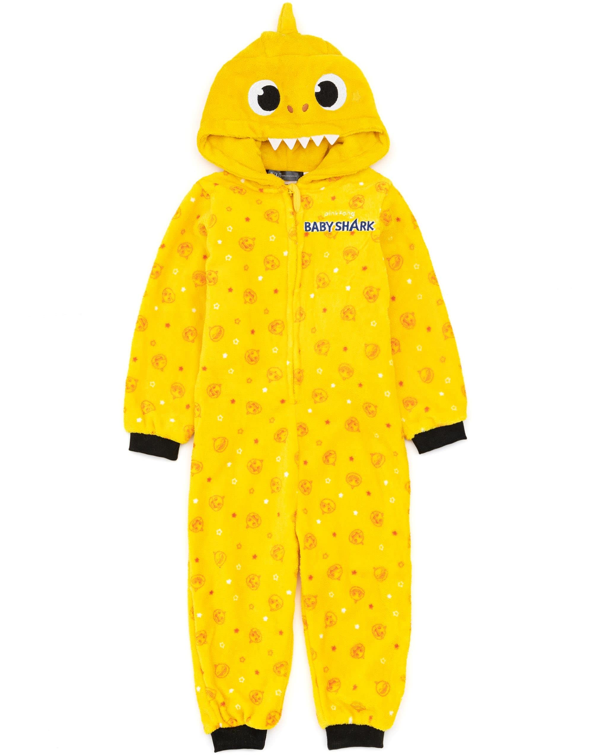 Baby Shark Onesie for Toddlers & Kids - Boys & Girls Yellow Shark PJs with 3D Teeth & Fin | Fleece Zip-Up Hooded Pajamas | Perfect for Shark-Themed Parties, Family Matching Outfits & Cozy Sleepwear