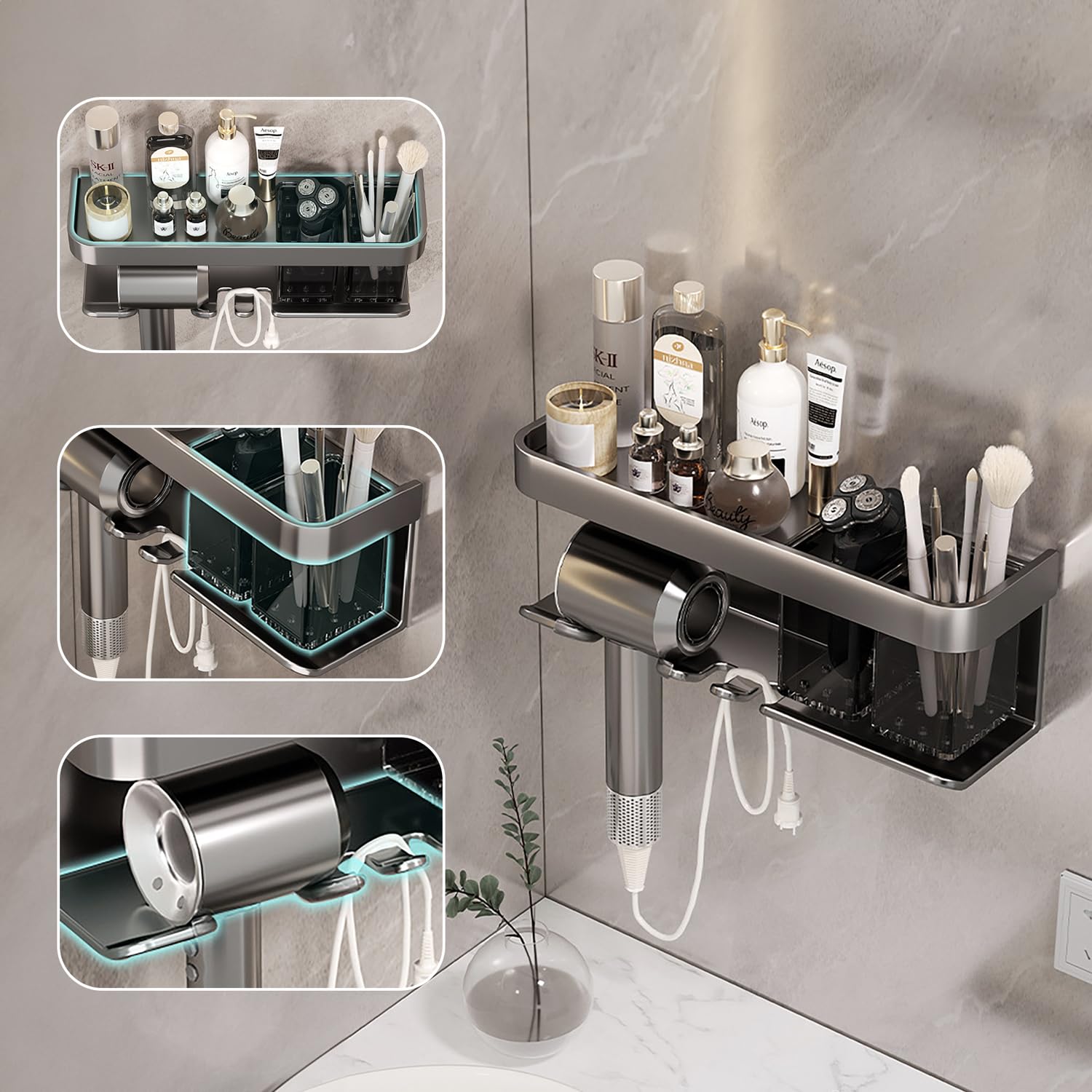 **Wall Mounted Hair Dryer Holder with Shelf - Matte Grey Blow Dryer Organizer for Bathroom, Salon & Bedroom - Perfect for Space Saving & Clutter-Free Storage**