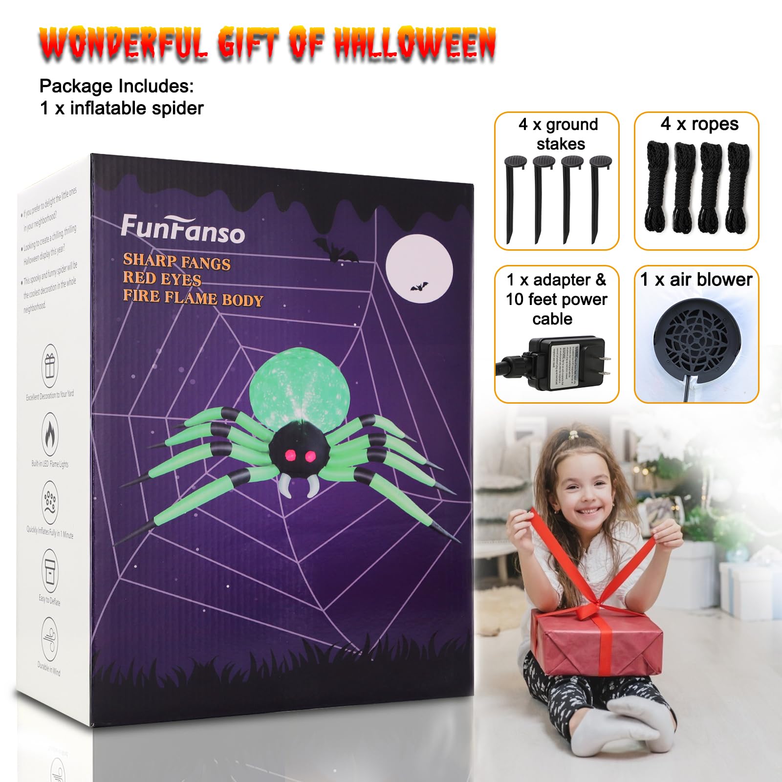 10 FT Halloween Inflatable Spider Outdoor Decorations - Giant Scary Green Spider with Built-in LED Flame Lights for Yard, Garden, Lawn, Porch | Spooky Party Decor, Haunted House Prop, Trick or Treat Display