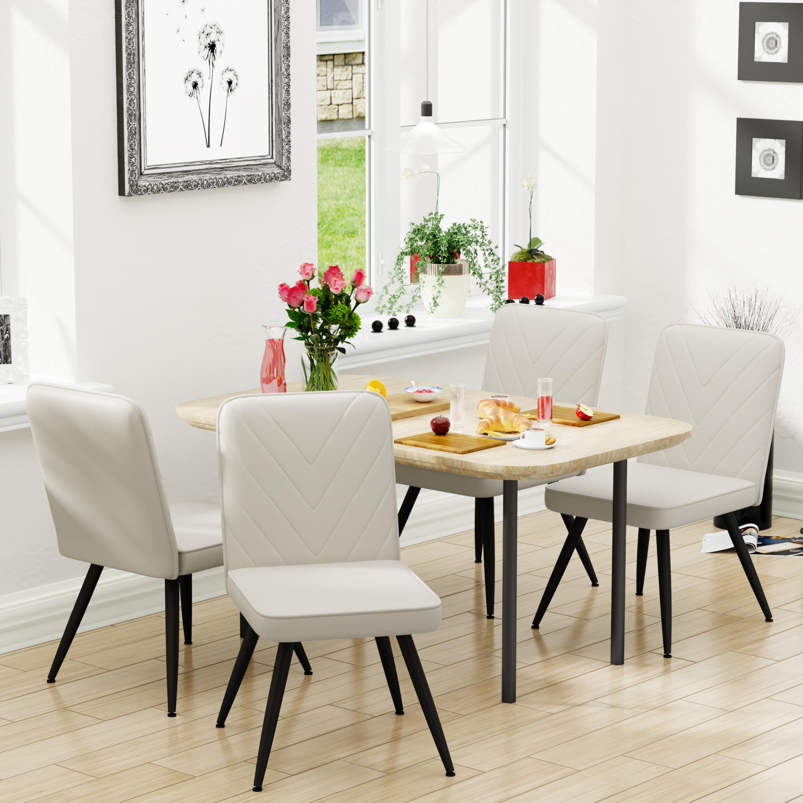 Modern Upholstered Dining Chairs Set of 2, Armless Fabric Kitchen Table Side Chairs with Sturdy Metal Legs in Ivory - Perfect for Dining Room, Kitchen, or Home Office Desk