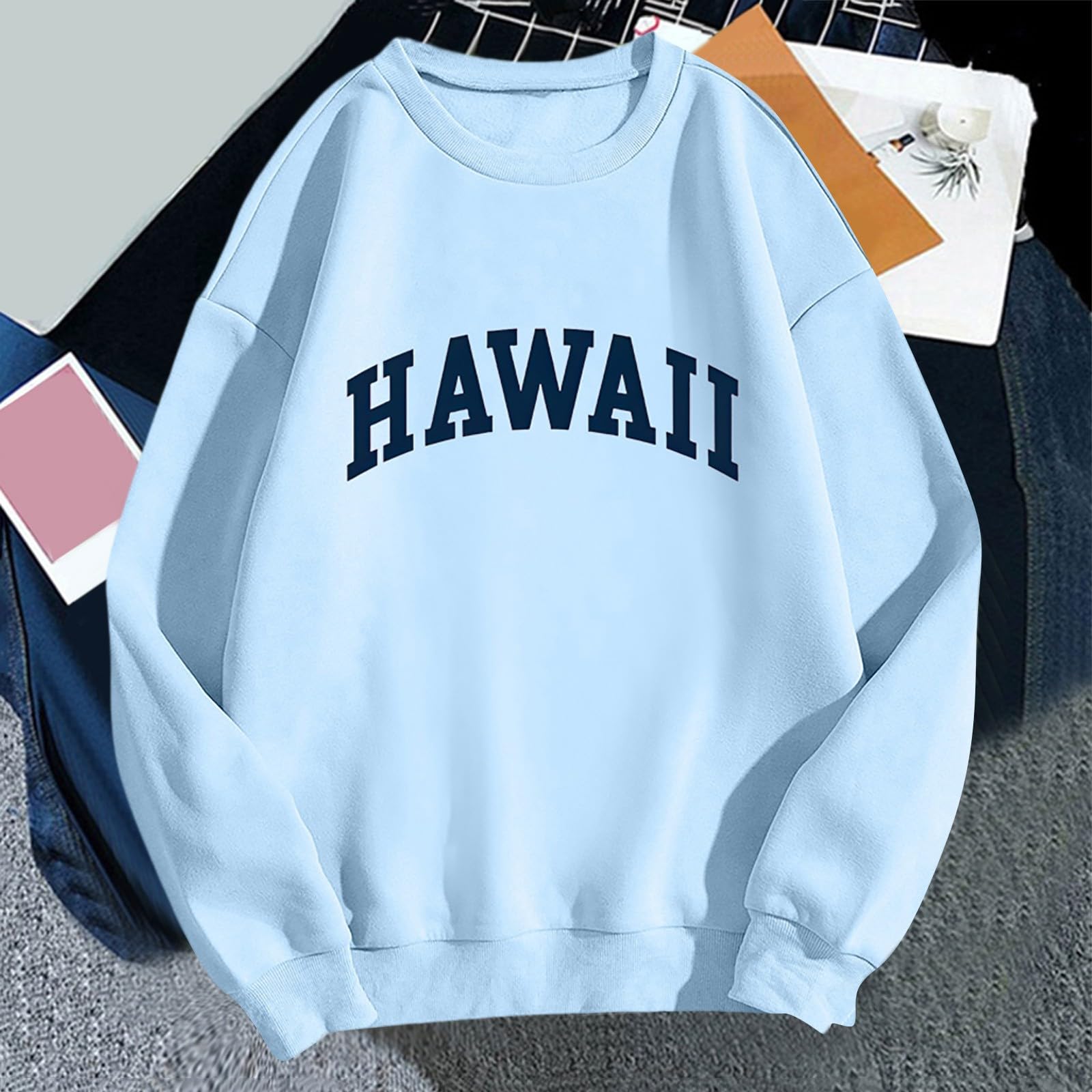 Women's Long Sleeve Hawaii Graphic Sweatshirt - Soft Crewneck Pullover with Drop Shoulder Design | Vacation Shirt, Harajuku Style | Perfect for Beach Trips, Casual Outings & Streetwear Fashion