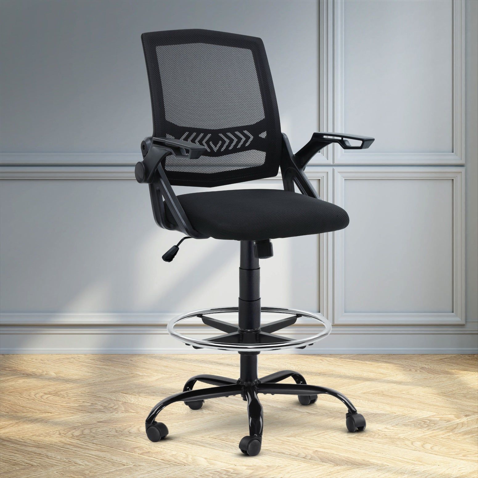 Ergonomic Artiss Office Chair - Adjustable Mesh Drafting Stool with Lumbar Support, Black - Perfect for Home Office, Gaming & Study Desk Setup
