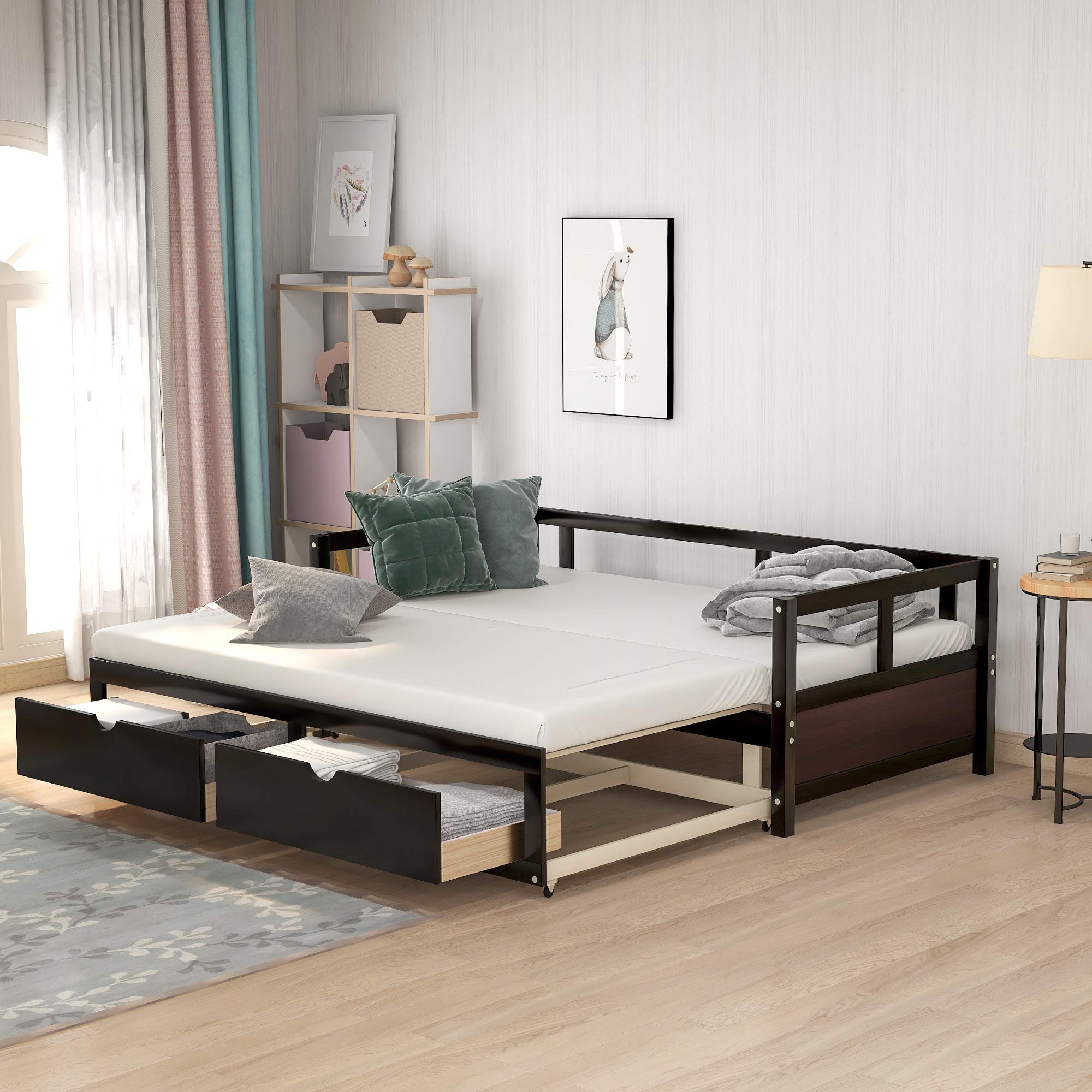 Twin Size Daybed with Trundle - Solid Wood Twin to King Convertible Bed Frame with Storage Drawers, Sofa Bed for Bedroom & Living Room - Extendable Daybed for Teens & Adults - Easy Assembly No Box Spring Needed - Espresso Finish - Perfect for Small Spaces, Guest Rooms & Dorm Rooms