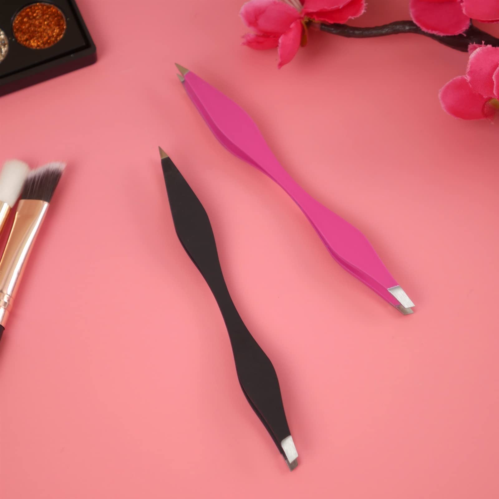 Professional Rose Red Hair Removal Tweezers - Double Ended Eyebrow & Eyelash Tweezer for Makeup, Beauty & Anti-Static Eyelash Extensions | Perfect for Salon, Home Use & Travel Makeup Kit