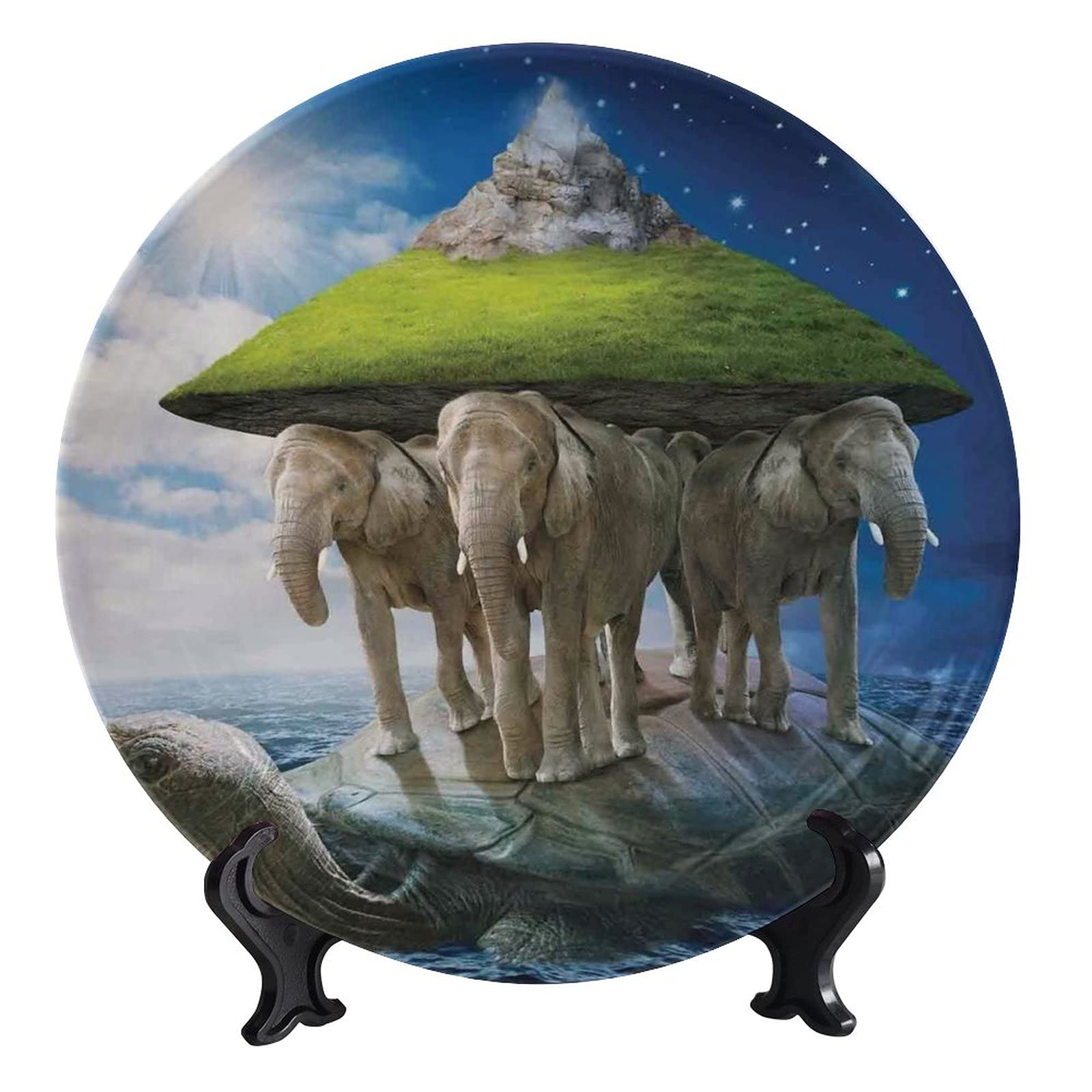 Hand-Painted Ceramic Decorative Plate - Turtle Carrying Elephants with Earth Design, 8 Inch Cosmic Fantasy Art for Home & Office Wall Decor | Perfect for Living Room, Bedroom, or Gift Idea