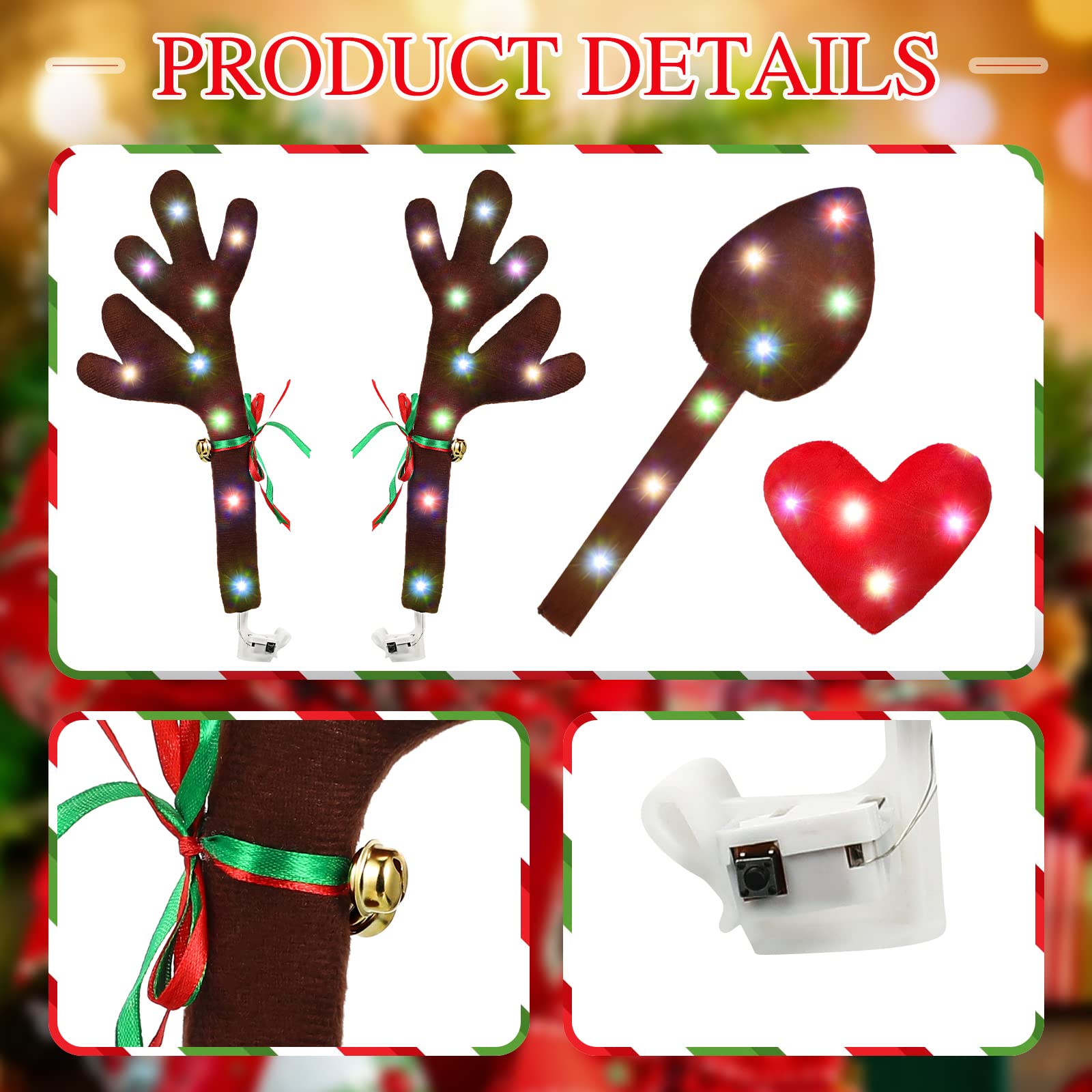 LED Reindeer Christmas Car Antlers Kit with Nose & Tail - Fun Holiday Car Decor for Christmas Parades & Festive Road Trips