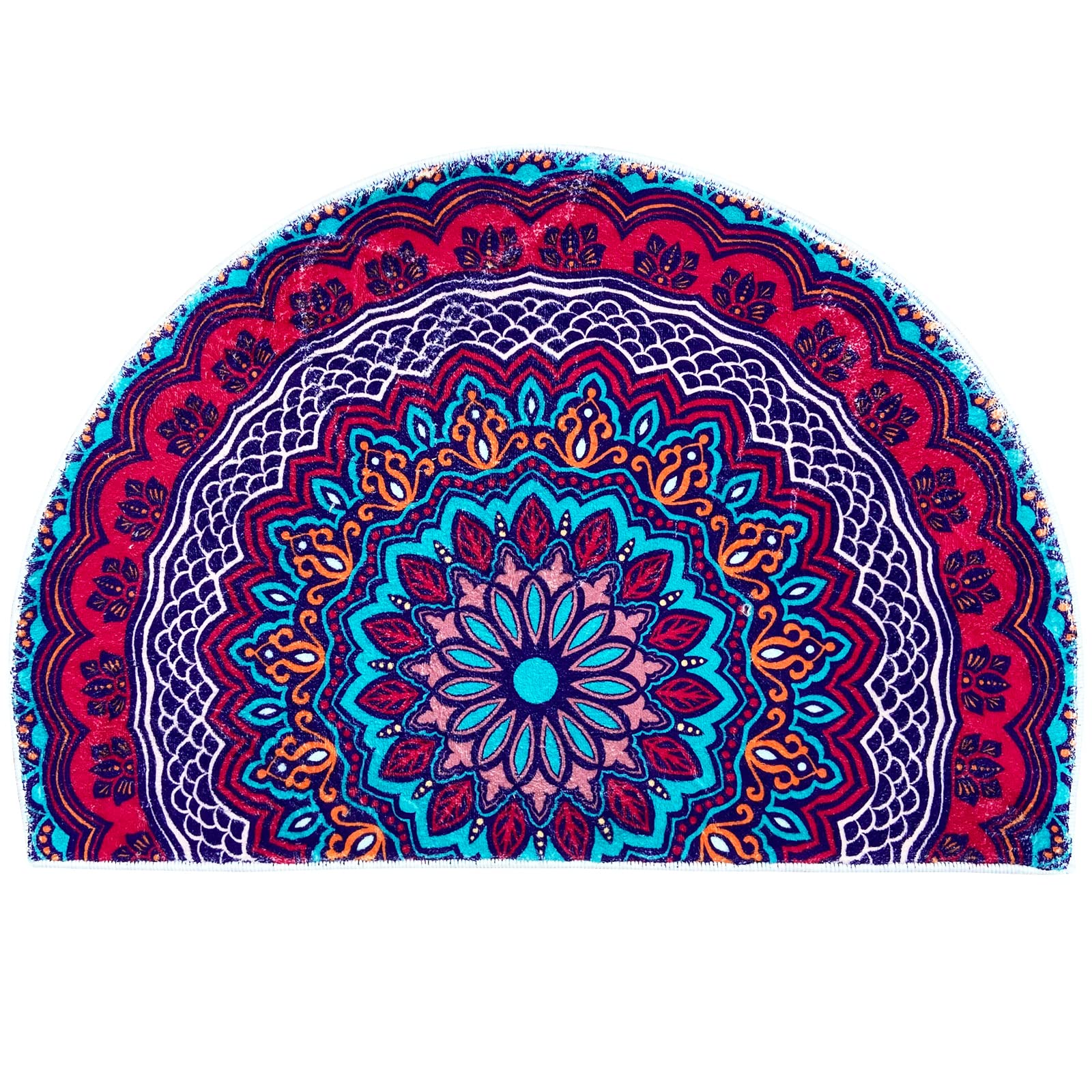 Half Round Rugs - Colorful Blue & Red Petal Design Super Absorbent Bath Mat with Mystic Mandala Pattern, Anti-Slip Kitchen & Living Room Carpet, Fantasy Kaleidoscope Bedroom & Dorm Decor for Bathroom, Entrance Door Mat