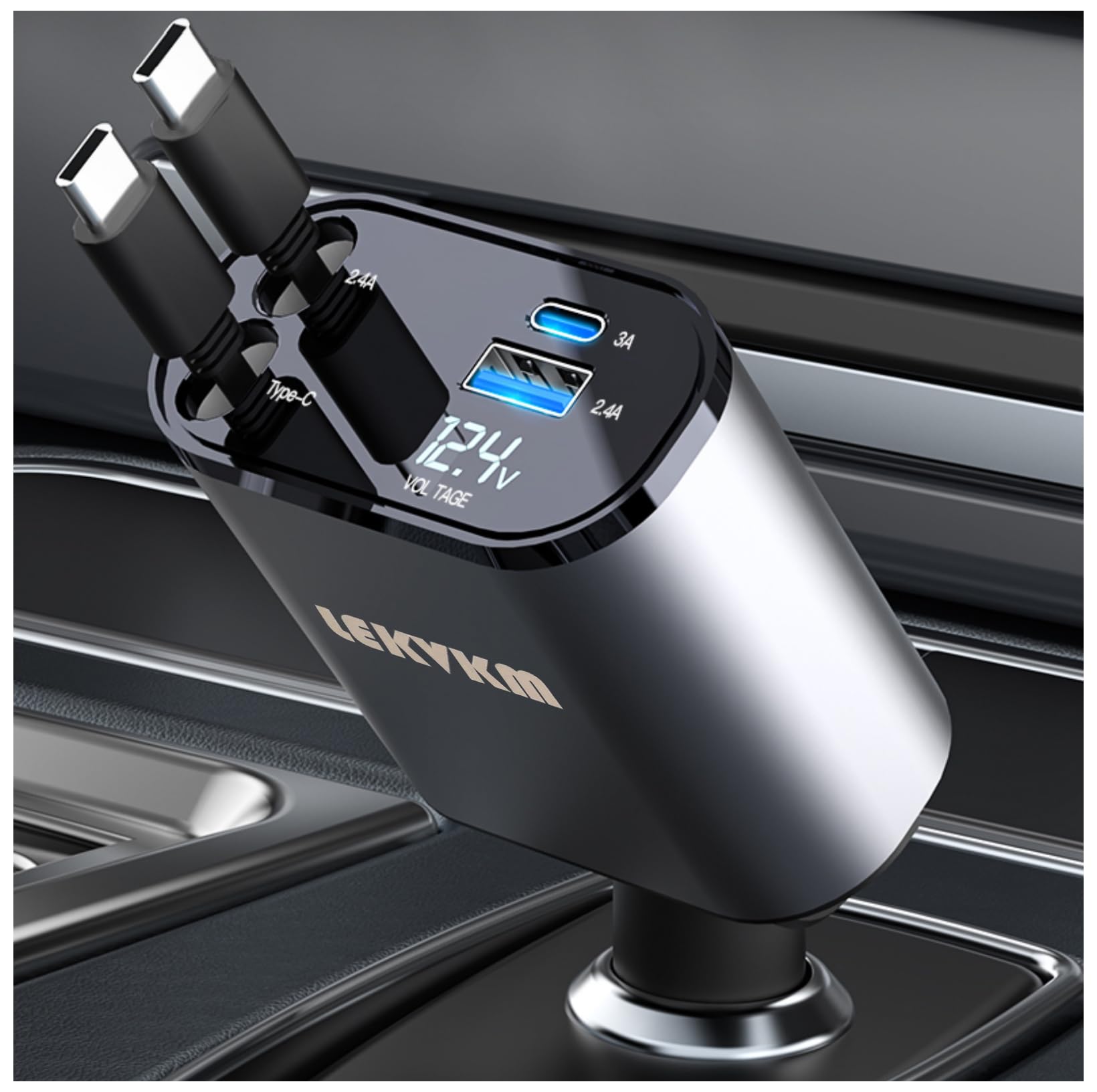 4-Port Retractable Car Charger with Fast Charging - Dual Type-C Ports for Samsung, Huawei & More - Perfect for Road Trips & Long Drives