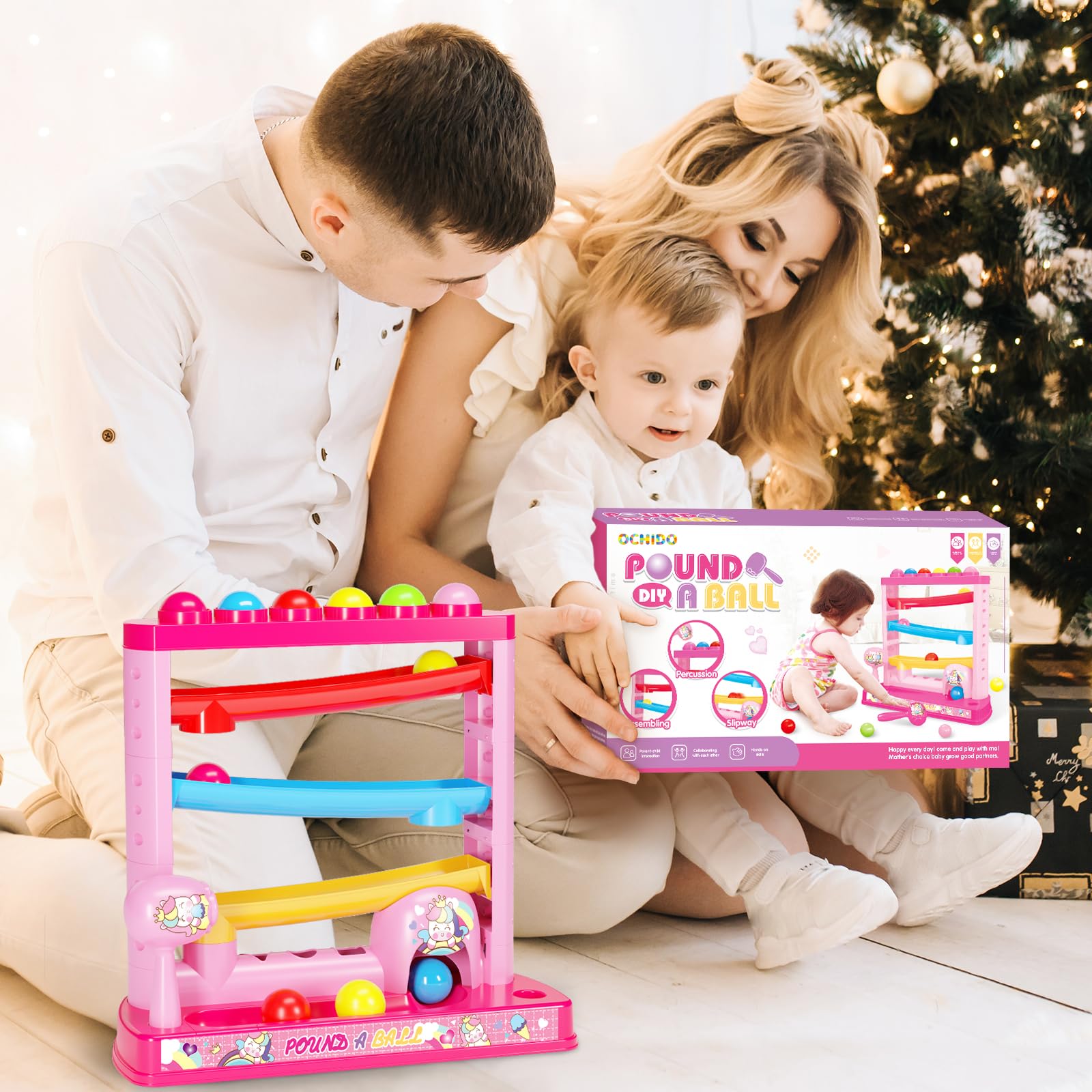 OCHIDO Montessori Toys for 1 2 3 Year Old Kids - Pound A Ball Game with 2 Hammers & 12 Balls - Early Learning Educational Toys for Toddlers - Perfect Gift for Girls & Boys - Great for Sensory Play, Hand-Eye Coordination & Preschool Learning