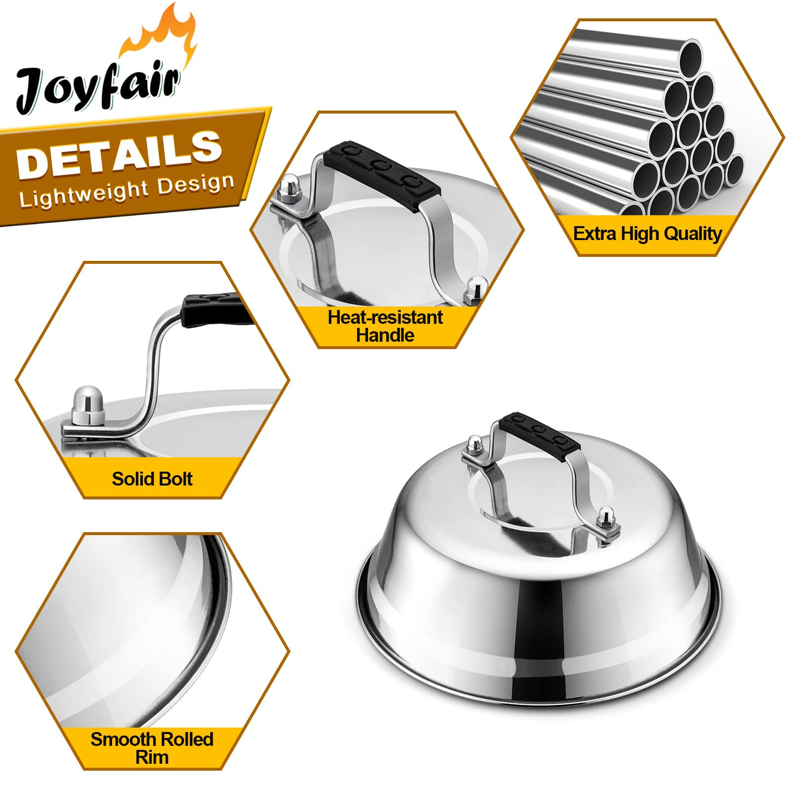 Joyfair 9-Inch Stainless Steel Cheese Melting Dome & BBQ Basting Cover - Heavy Duty Heatproof Lid for Grilling Steak, Melting Cheese, Steaming Vegetables - Perfect for Outdoor Cooking, Camping & Backyard BBQs (2-Pack)