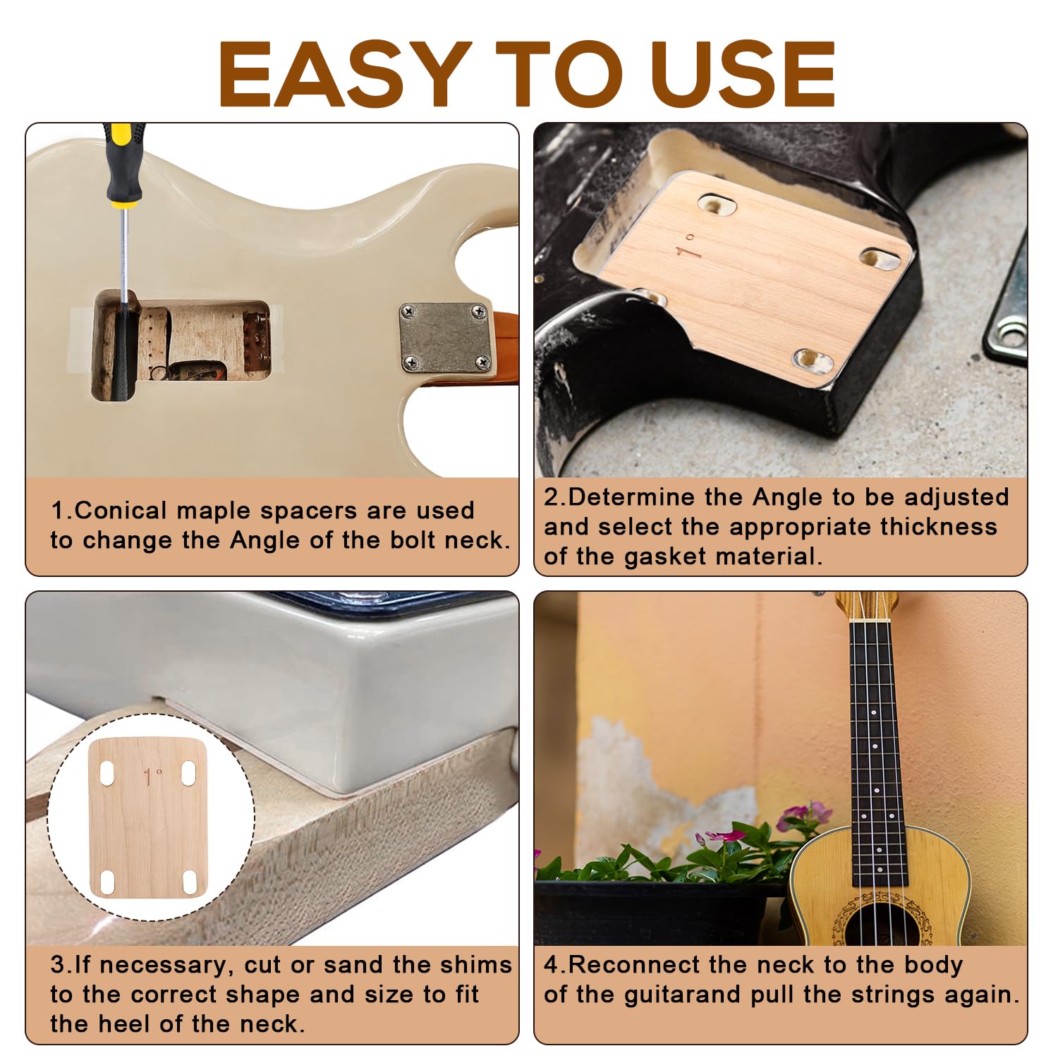 3-Piece Guitar Neck Shims Set - Solid Maple Wood Bass Guitar Neck Repair Kit (0.25°, 0.5°, 1° Angles) - Durable Guitar Neck Protection Plate for Professional Setup & Maintenance - Perfect for Guitarists, Luthiers & Music Repair Shops