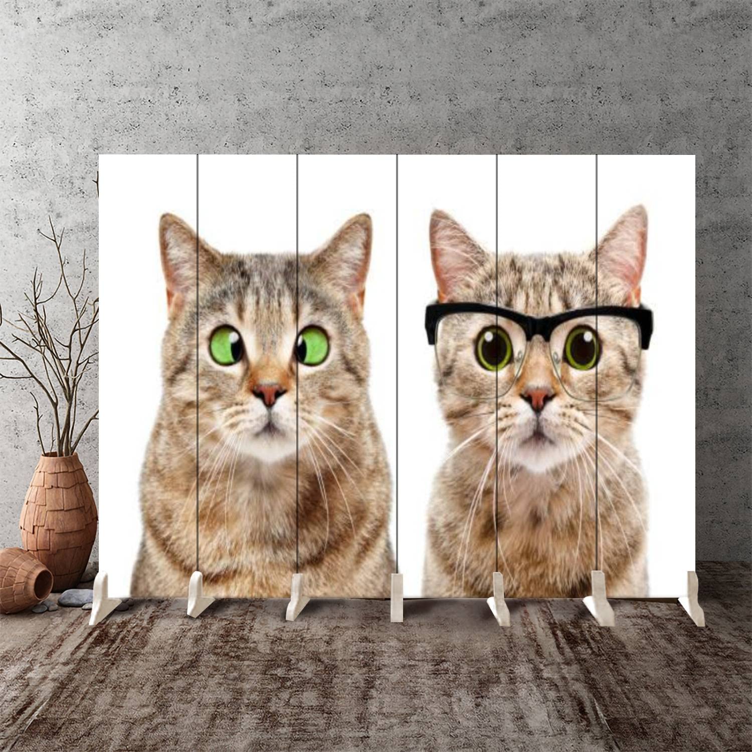 6-Panel Canvas Room Divider Screen with Cute Cat Portrait - Foldable Privacy Partition Wall Separator for Bedroom, Office & Studio | Home Decor & Space Divider