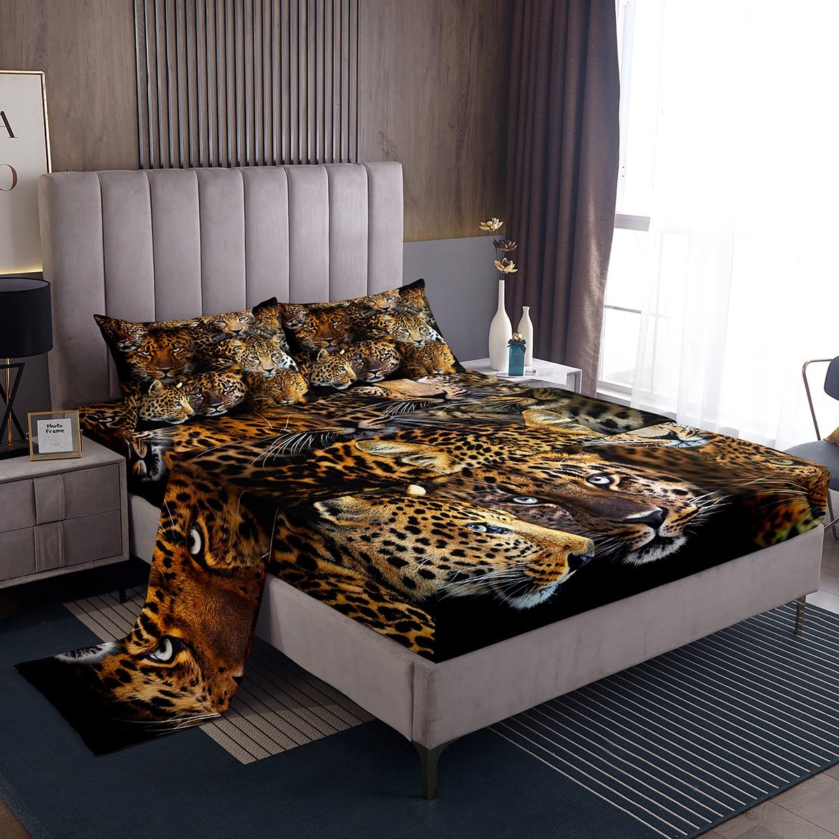 Leopard Print Safari Fitted Sheet Set - 2 Pillowcases Included | Queen Size Microfiber Bedding with Wild Jungle Animal Design | Perfect for Teen Rooms, African Safari Theme Decor & Luxury Bedroom Makeover
