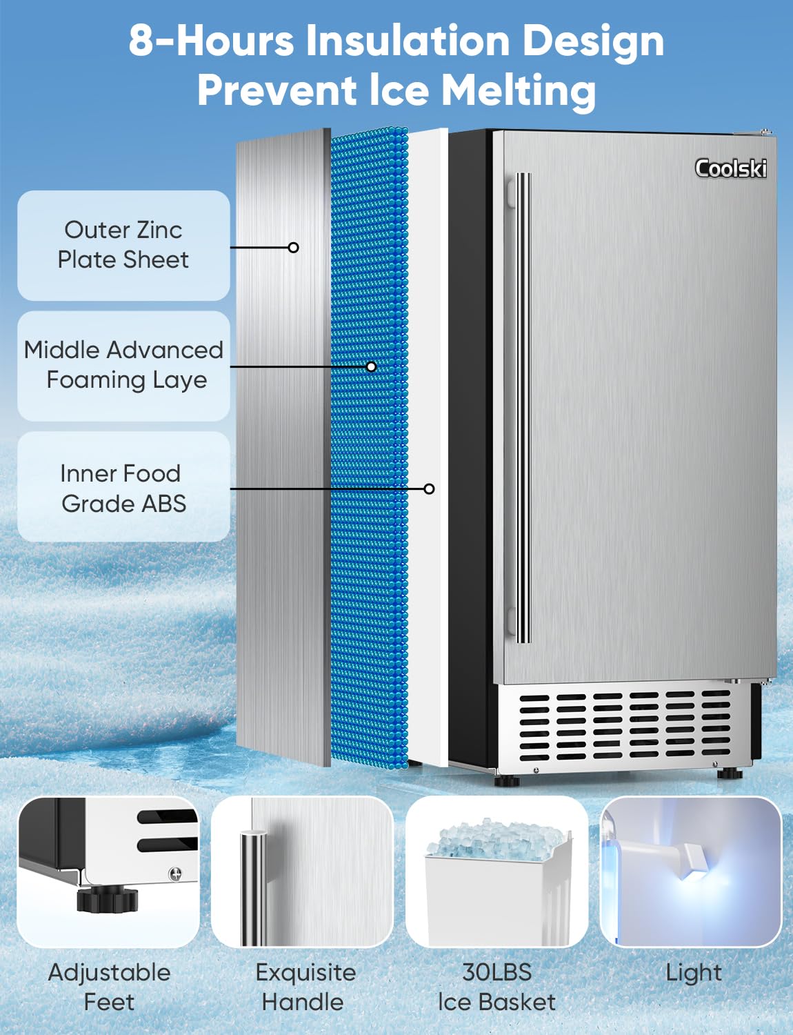 100Lbs/Day Under Counter Ice Maker Machine - Stainless Steel Built-in or Freestanding with 30LBS Storage | Commercial & Home Use | Fits 15