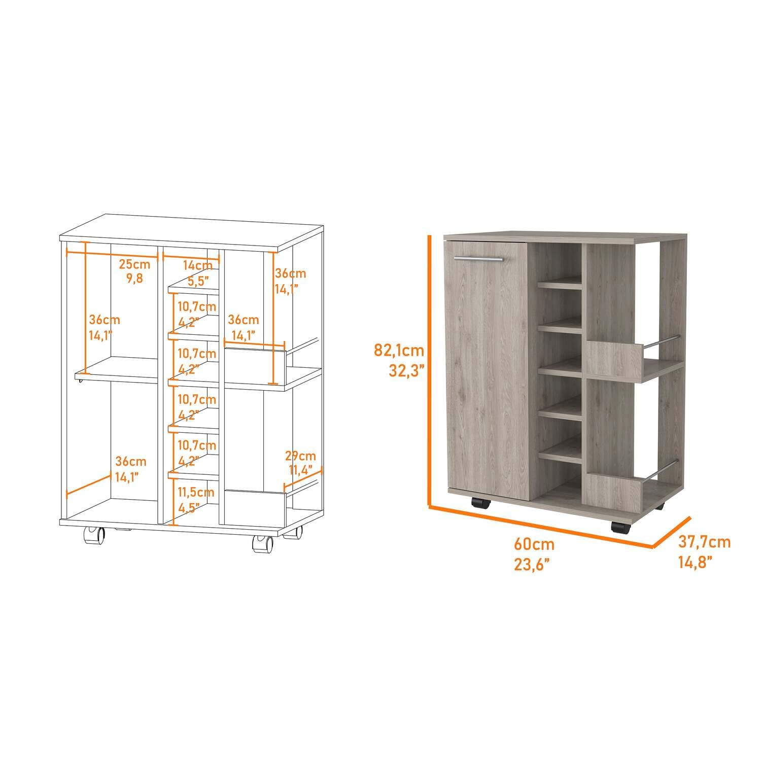 **29-Inch Tall Light Gray Bar Cart with Cabinet, 6 Cubbies & 2 Shelves - Perfect for Home Bar, Kitchen Storage & Living Room Organization**