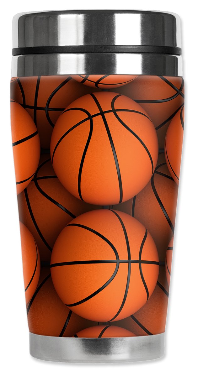Insulated 16 oz Basketball Travel Mug with Leak-Proof Lid & Wetsuit Cover - Orange Sports Thermos for Coffee, Tea & Drinks - Perfect for Basketball Games, Gym & Outdoor Activities