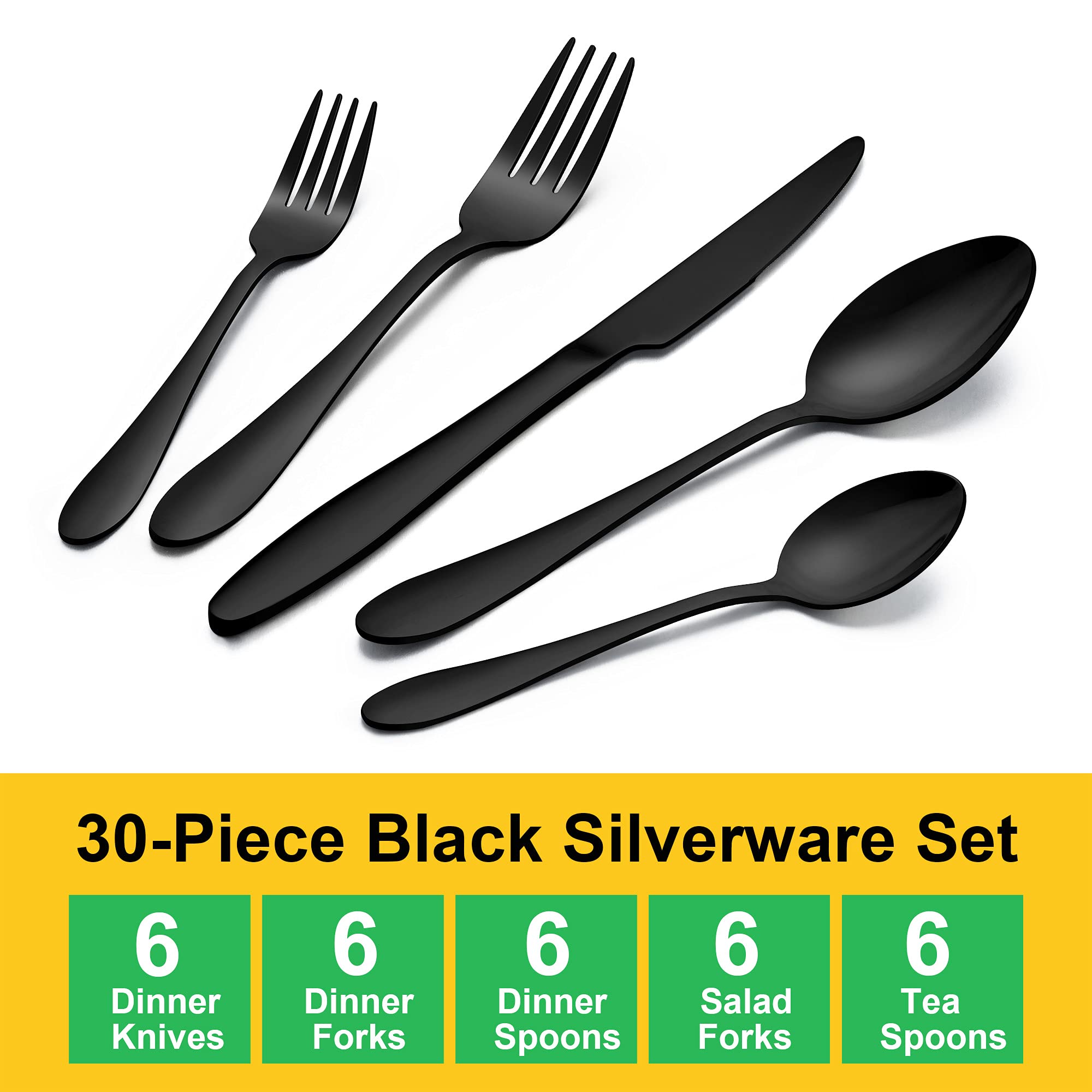 Premium 30-Piece Black Flatware Set for 6 - Stainless Steel Silverware Cutlery Set with Mirror Finish (Forks, Knives, Spoons) - Dishwasher Safe Dining Utensils for Restaurants, Weddings & Everyday Use