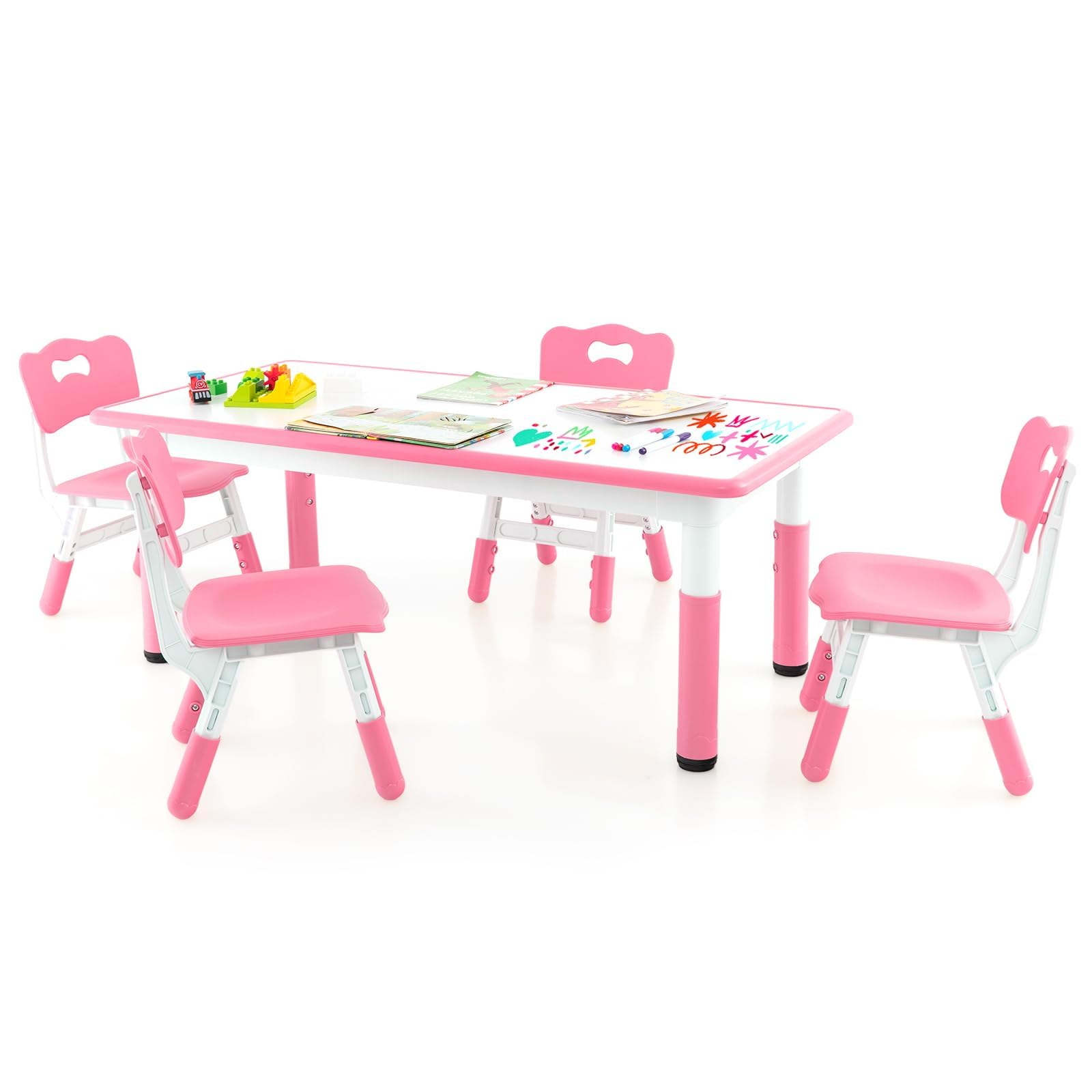**HONEY JOY Adjustable Kids Table and Chair Set - 4-Piece Erasable Graffiti Activity Table for Toddlers, Daycare, Classroom & Home Use - Pink (Perfect for Learning, Drawing & Playtime)**