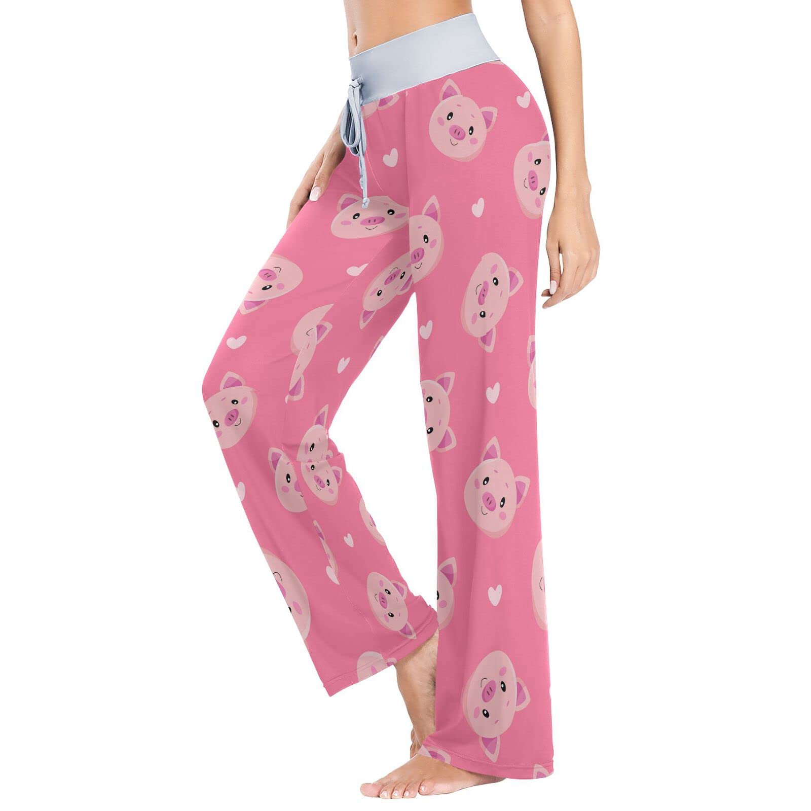 Women's Cute Cartoon Pig Pink Pajama Pants - Soft Wide Leg Lounge Sleepwear for Relaxing at Home & Sleepovers