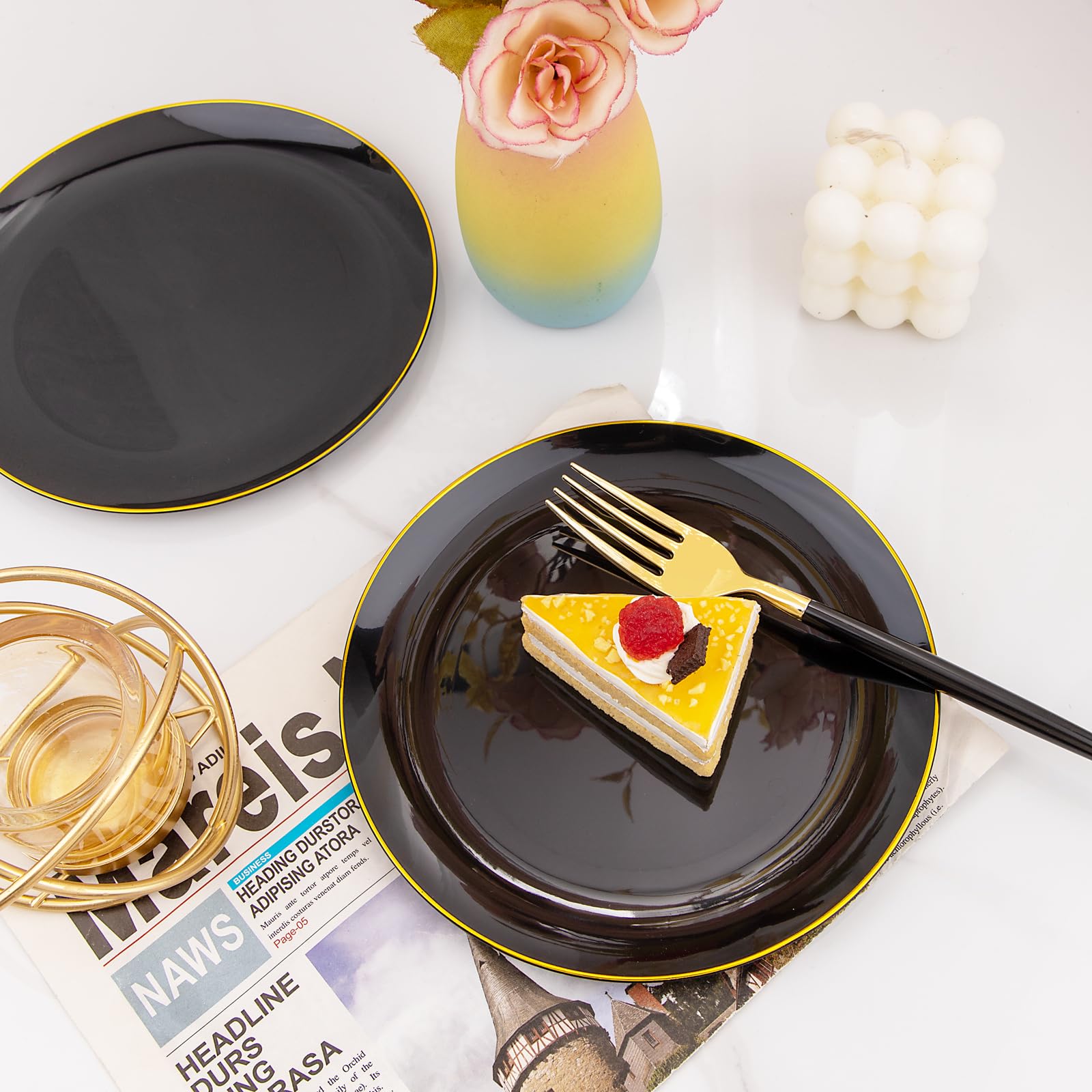 144-Piece Black and Gold Plastic Dessert Plate Set - 72 Elegant 7.5
