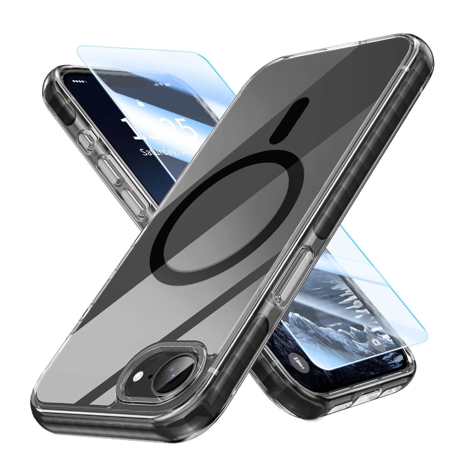 MATEPROX Magnetic Clear iPhone 16e Case 2025 - Compatible with MagSafe | Anti-Yellowing | Anti-Slip Military Grade Protection | Includes Screen Protector (Black) - Perfect for Everyday Use, Travel & Outdoor Activities