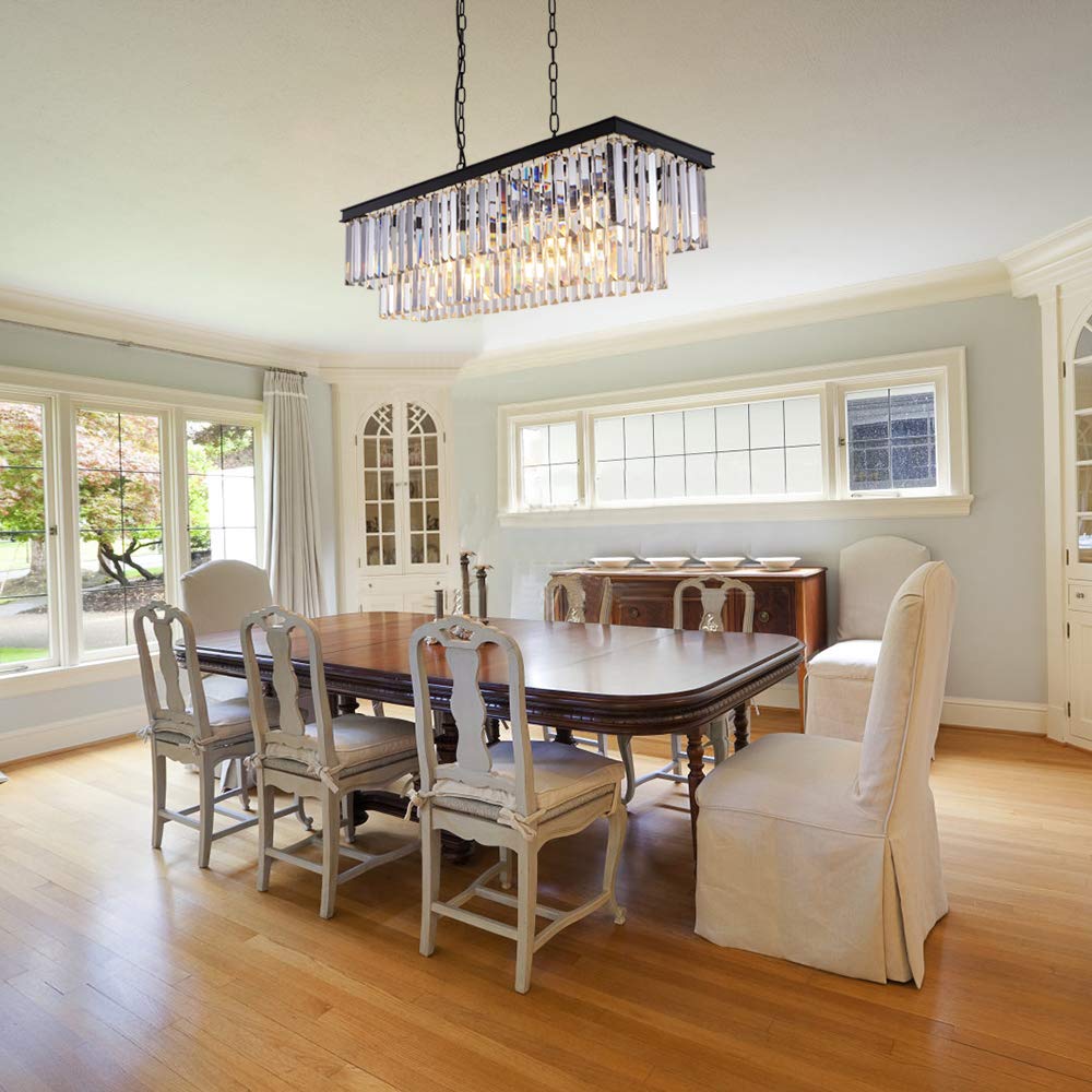 Modern Black Crystal Chandelier - 9-Light Adjustable Rectangle Ceiling Light for Dining Room, Living Room & Kitchen Island | Farmhouse Style Pool Table Lighting Fixture | Elegant Home Decor for Weddings, Restaurants and Luxury Spaces