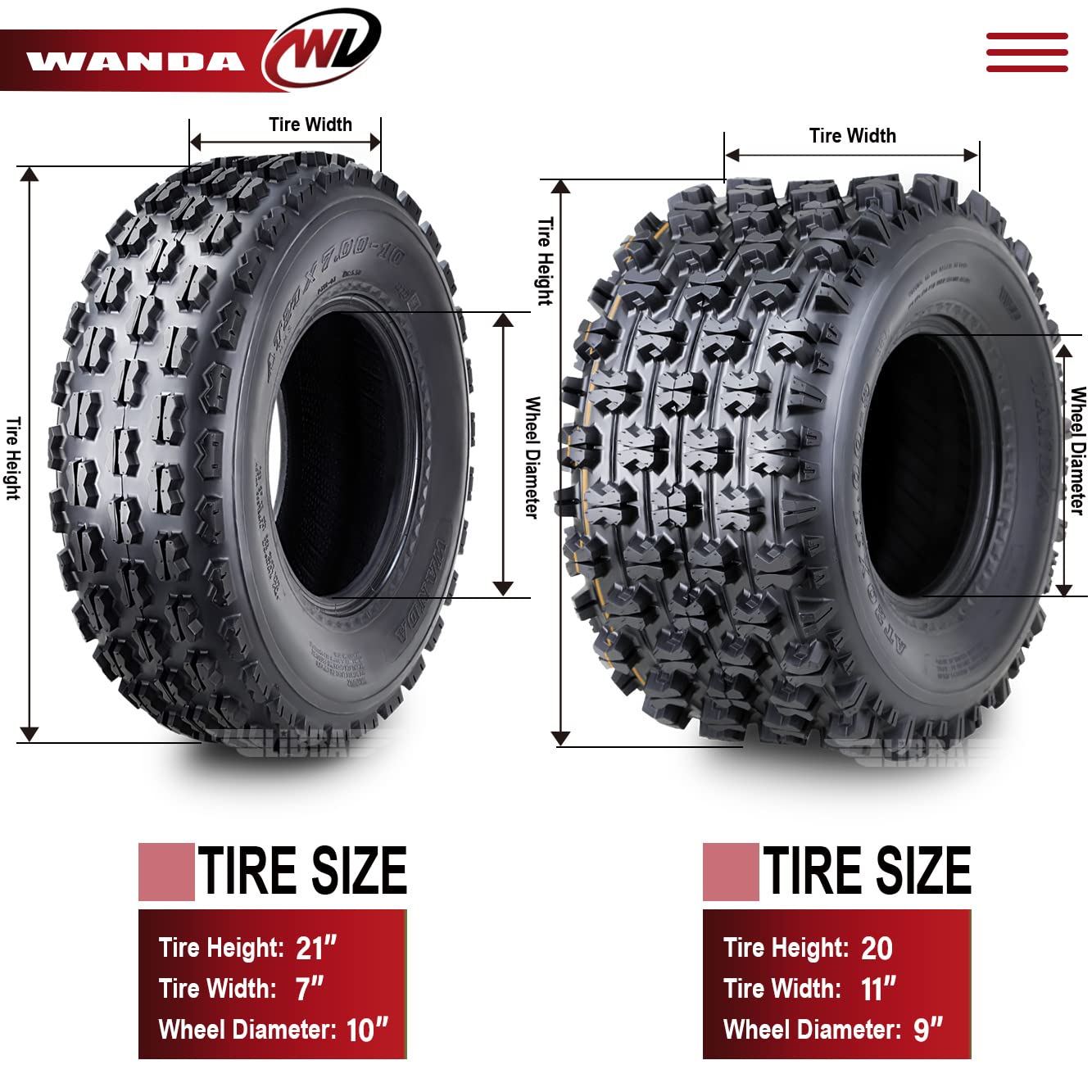 WANDA Set of 4 ATV Tires 21x7-10 & 20x11-9 for KYMCO Mongoose 250 270 300 - GNCC Racing Tires for Off-Road, Trail Riding & Mud Terrain