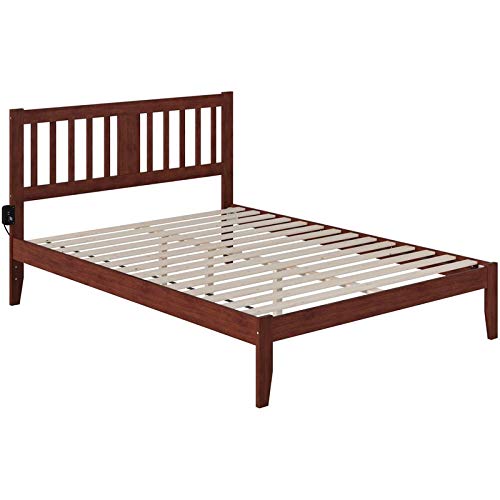 BOWERY HILL Solid Wood Queen Size Spindle Bed Frame with USB Charging Ports - Walnut Finish for Modern Bedroom Decor