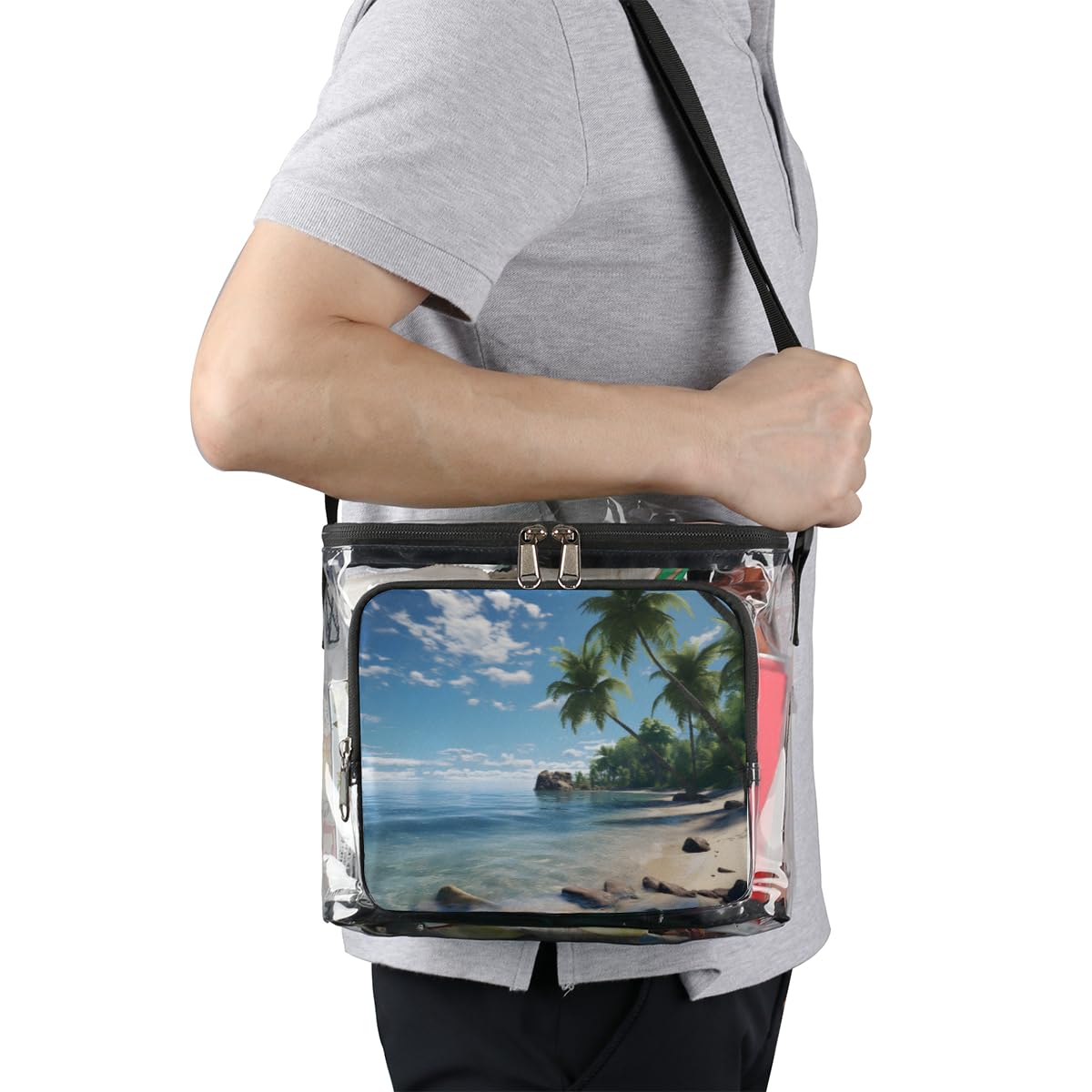 GzLeyigou Clear Tote Bag with Handles - Tropical Palm Tree Design Transparent Shoulder Bag for Lunch, Beach, Travel | Stadium Approved Crossbody Purse for Outdoor, Picnic, Concerts & Sports Events | Perfect for Summer Outings, Music Festivals and Shopping