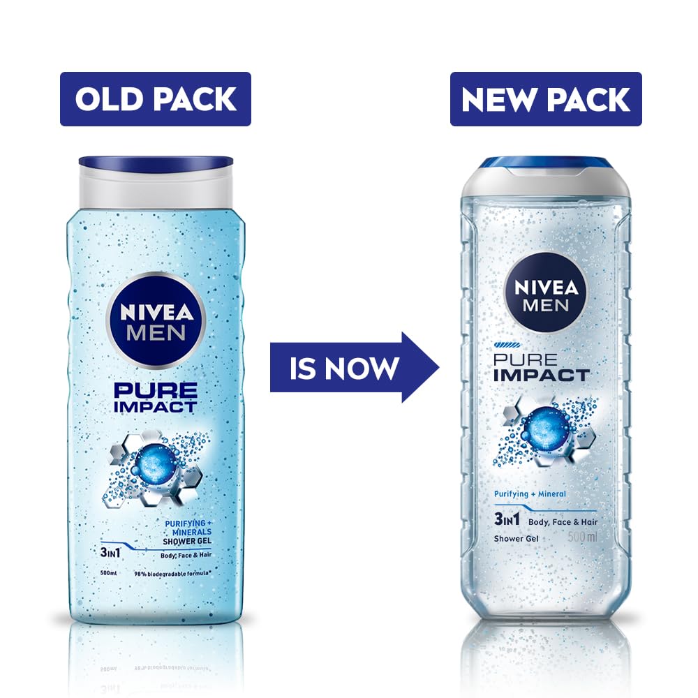 NIVEA MEN Pure Impact Shower Gel 500ml - 3-in-1 Hair Face & Body Wash for Men - Refreshing Daily Shower Gel for Gym, Travel & Active Lifestyle