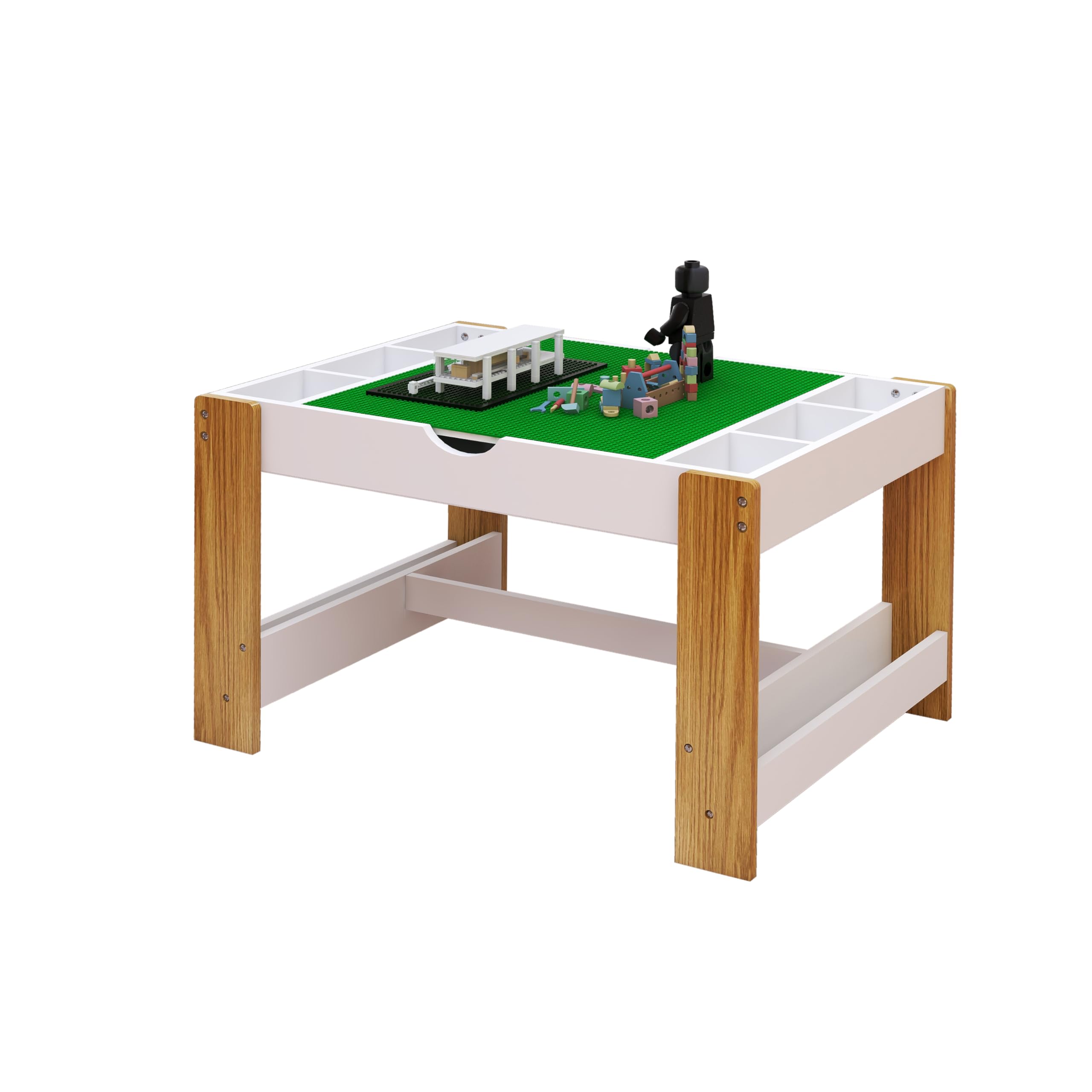 2 in 1 Wooden Kids Play Table with Storage - Lego Building Block & Activity Table for Toddlers - Book Storage for Reading, Writing & Playing - White - Perfect for Playroom, Classroom & Home Learning Activities
