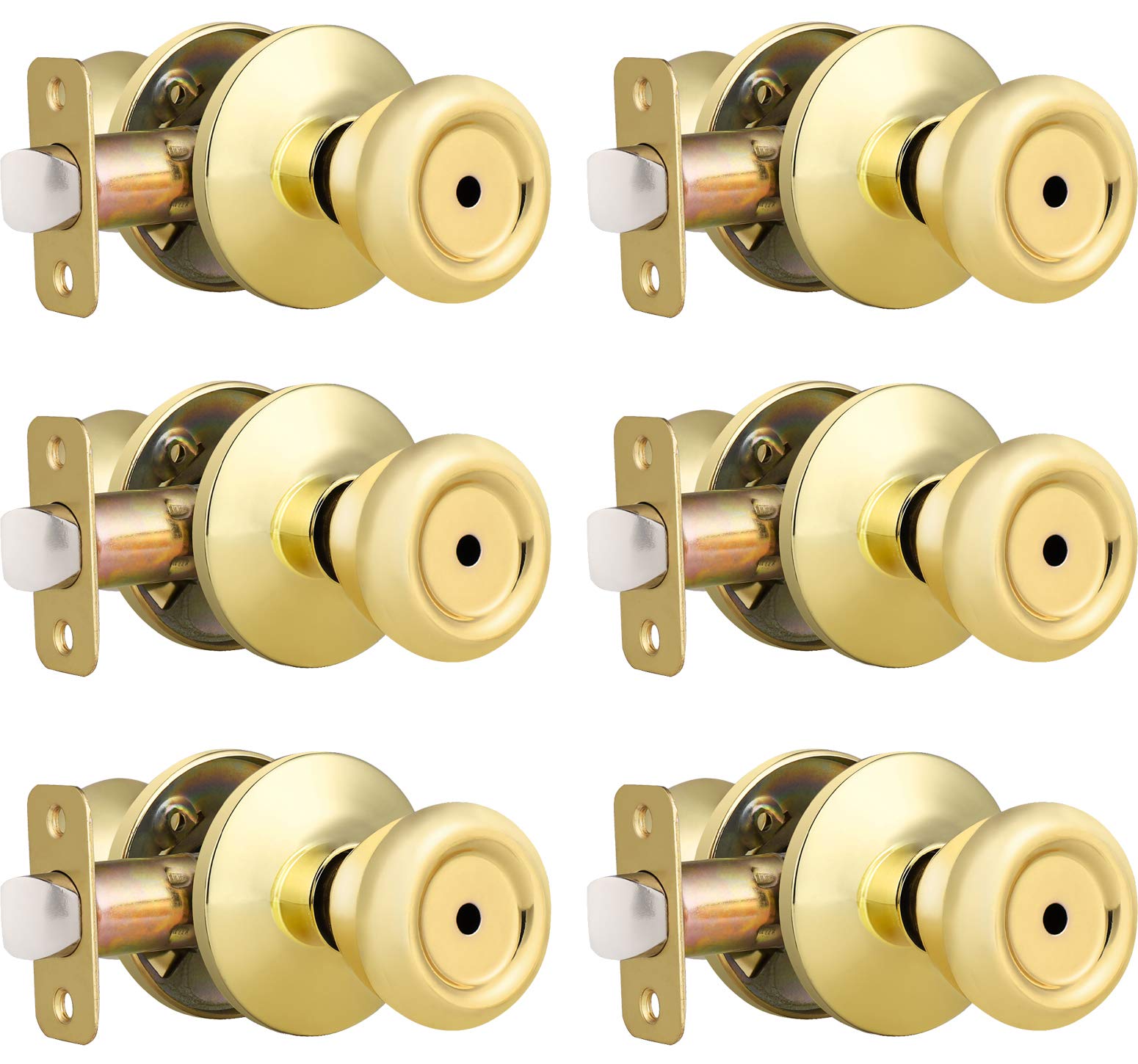 (6 Pack) Modern Polished Brass Door Knobs - Tulip Shaped Privacy Door Handles with Lock & Keyless Pin Hole - for Bathroom, Bedroom & Interior Doors - Elegant Home Upgrade for Privacy & Security