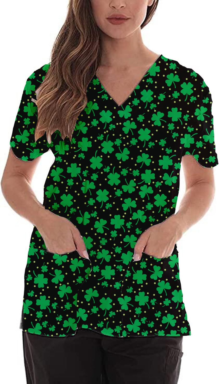 Women's V-Neck Short Sleeve Green Shamrock Printed Holiday Scrubs Tops - St. Patrick's Day Nursing Uniform for Nurses & Healthcare Workers