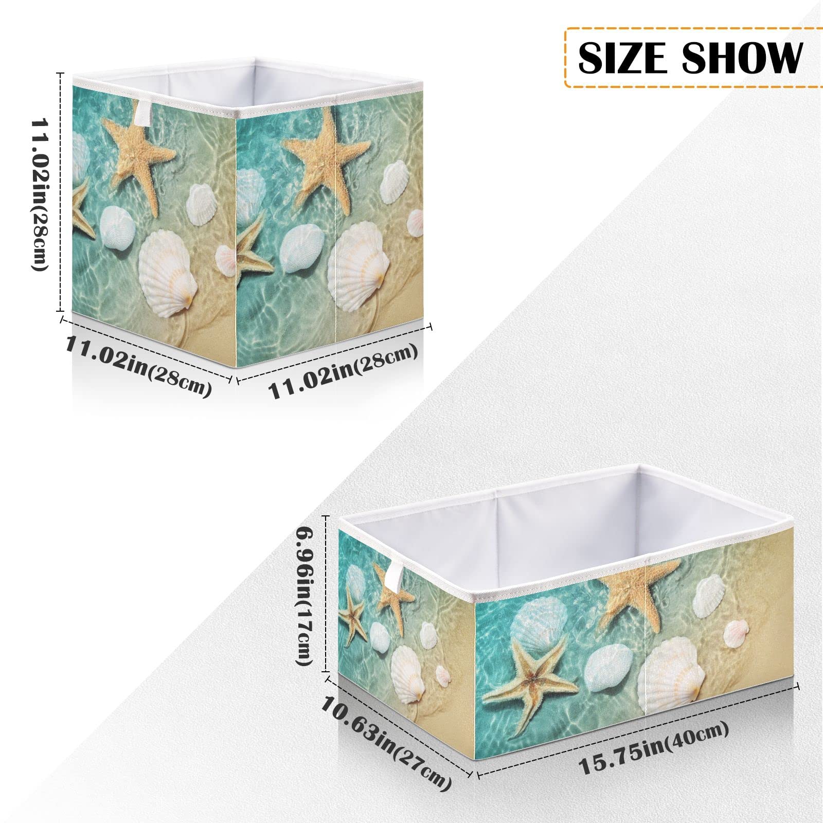 Foldable Storage Basket - 11x11x11 Inch Cube Bin for Shelves, Closet & Laundry | Summer Beach Decor with Seashell & Starfish Design | Perfect for Nursery, Bedroom & Home Organization
