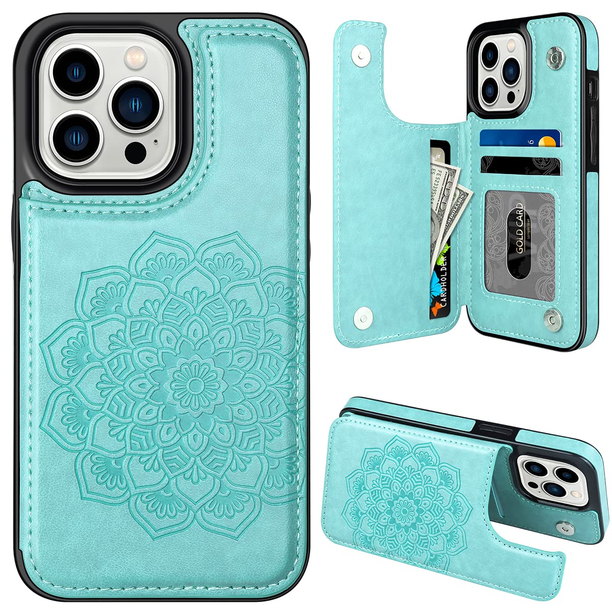 MMHUO Magnetic Wallet Case for iPhone 14 Pro - Flower Design Flip Cover with Card Holder & Strong Protection | Slim Protective Phone Case for Women | Perfect for Everyday Use, Travel & Shopping (Mint Green)