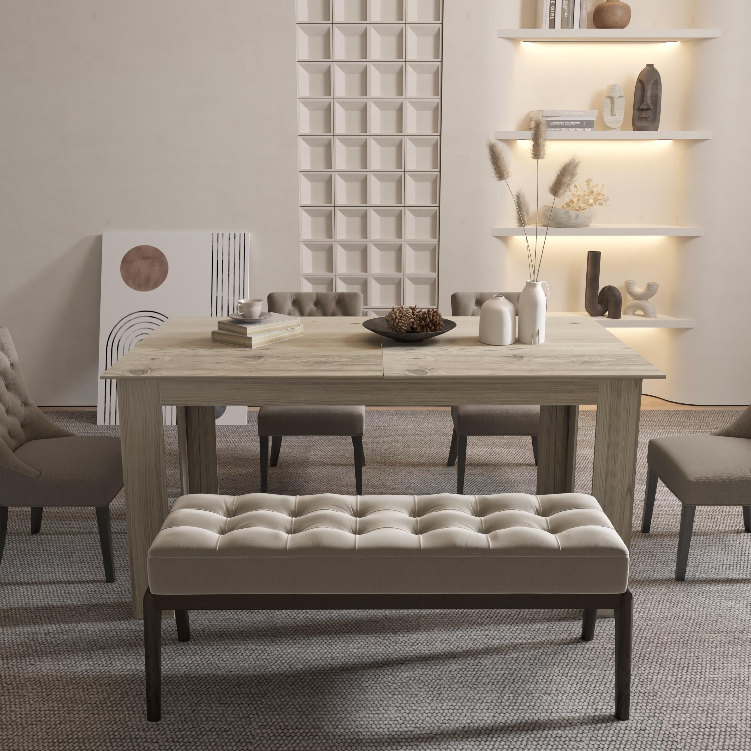 5-7.2FT Extendable Dining Table for 6-8 People - Modern Midcentury Expandable Kitchen Table with Leaf - Space Saving Dining Room Furniture for Small Homes & Apartments - Perfect for Family Dinners & Entertaining Guests