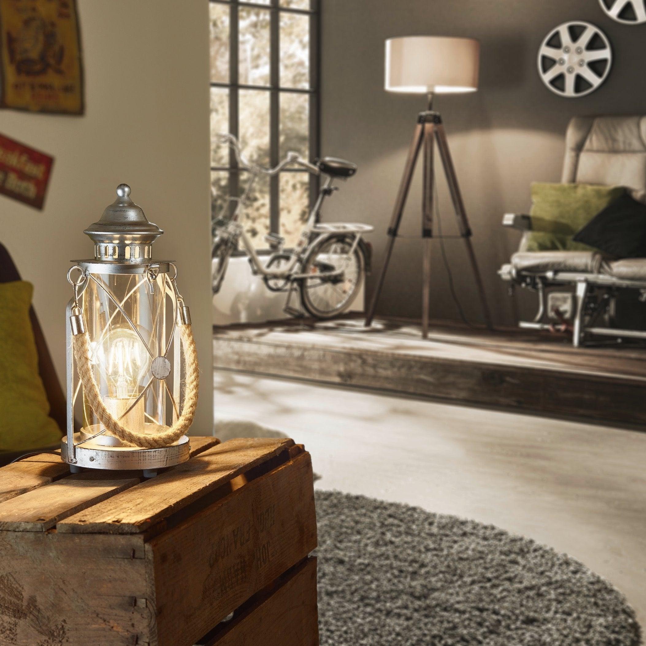 Eglo Bradford Silver Lantern Design Table Lamp - Vintage Industrial Style Lighting for Bedroom, Living Room & Office Decor