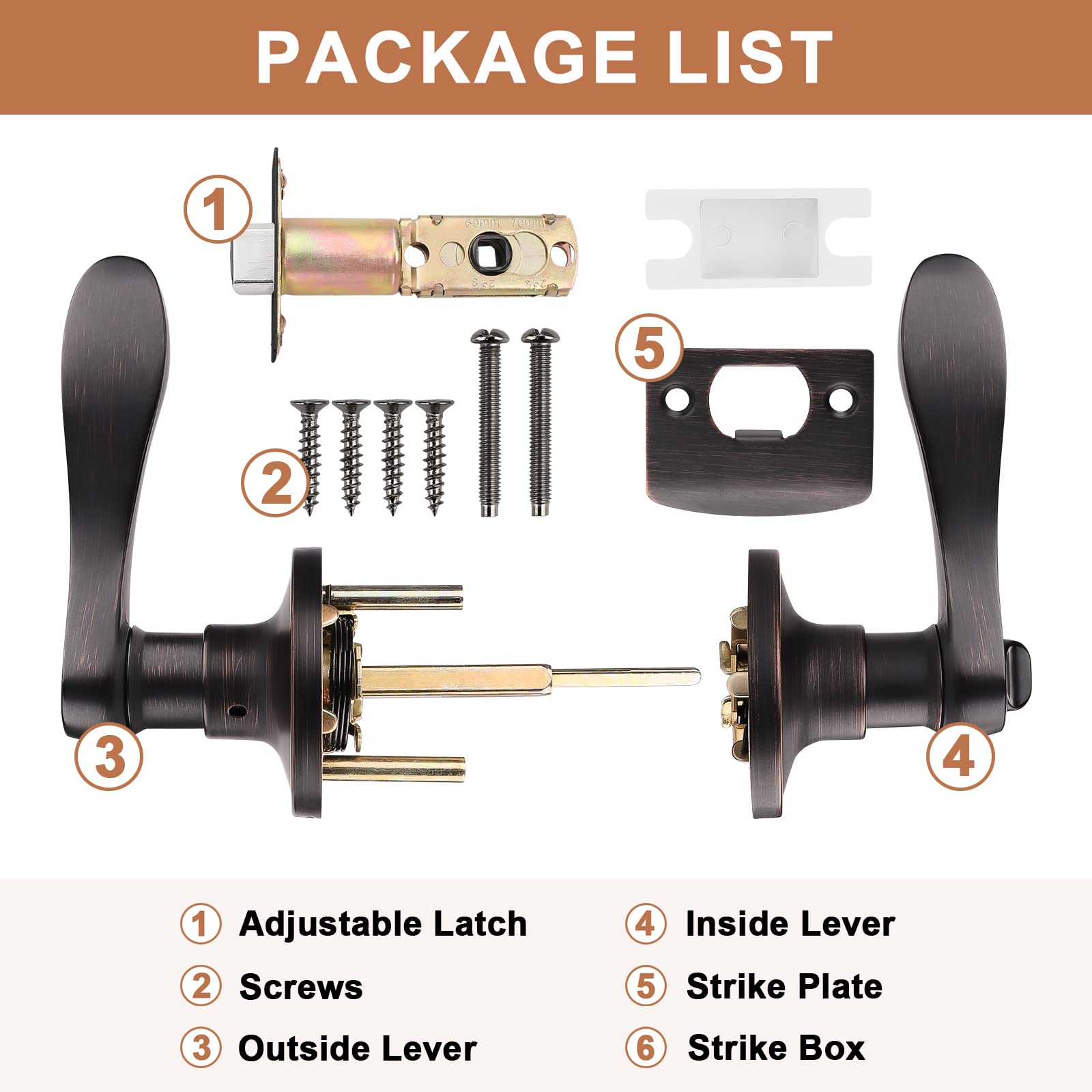 6 Pack Privacy Door Lever with Thumb Turn Lock - Keyless Oil Rubbed Bronze Wave Door Handle Set for Bedroom & Bathroom Doors (Reversible Right/Left Handed) - Perfect for Home Privacy, Interior Doors & Rental Properties