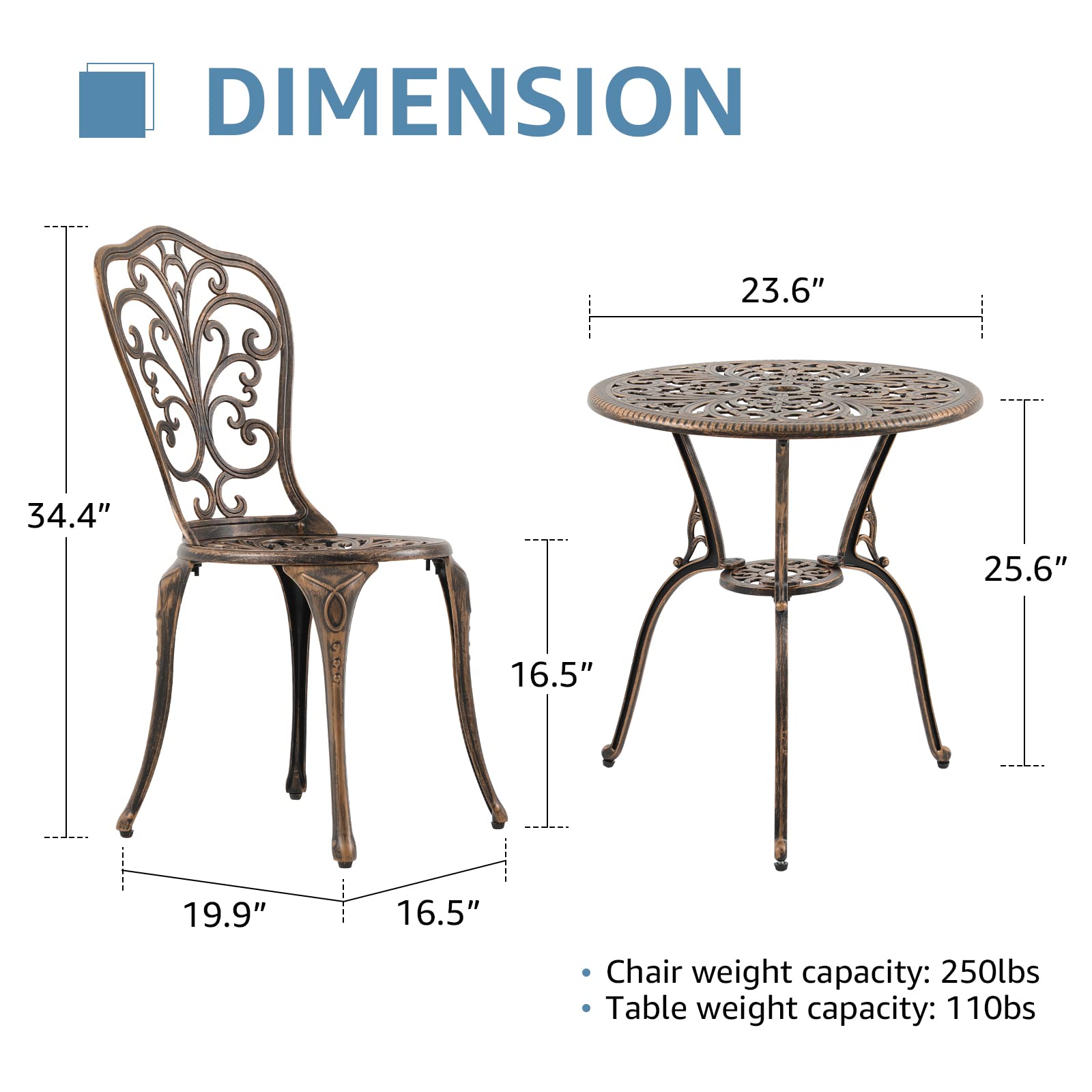 COBANA 3-Piece All-Weather Outdoor Bistro Set - Bronze Cast Aluminum Patio Dining Table & Chairs with 2” Umbrella Hole | Perfect for Garden, Balcony, Poolside & Small Outdoor Spaces
