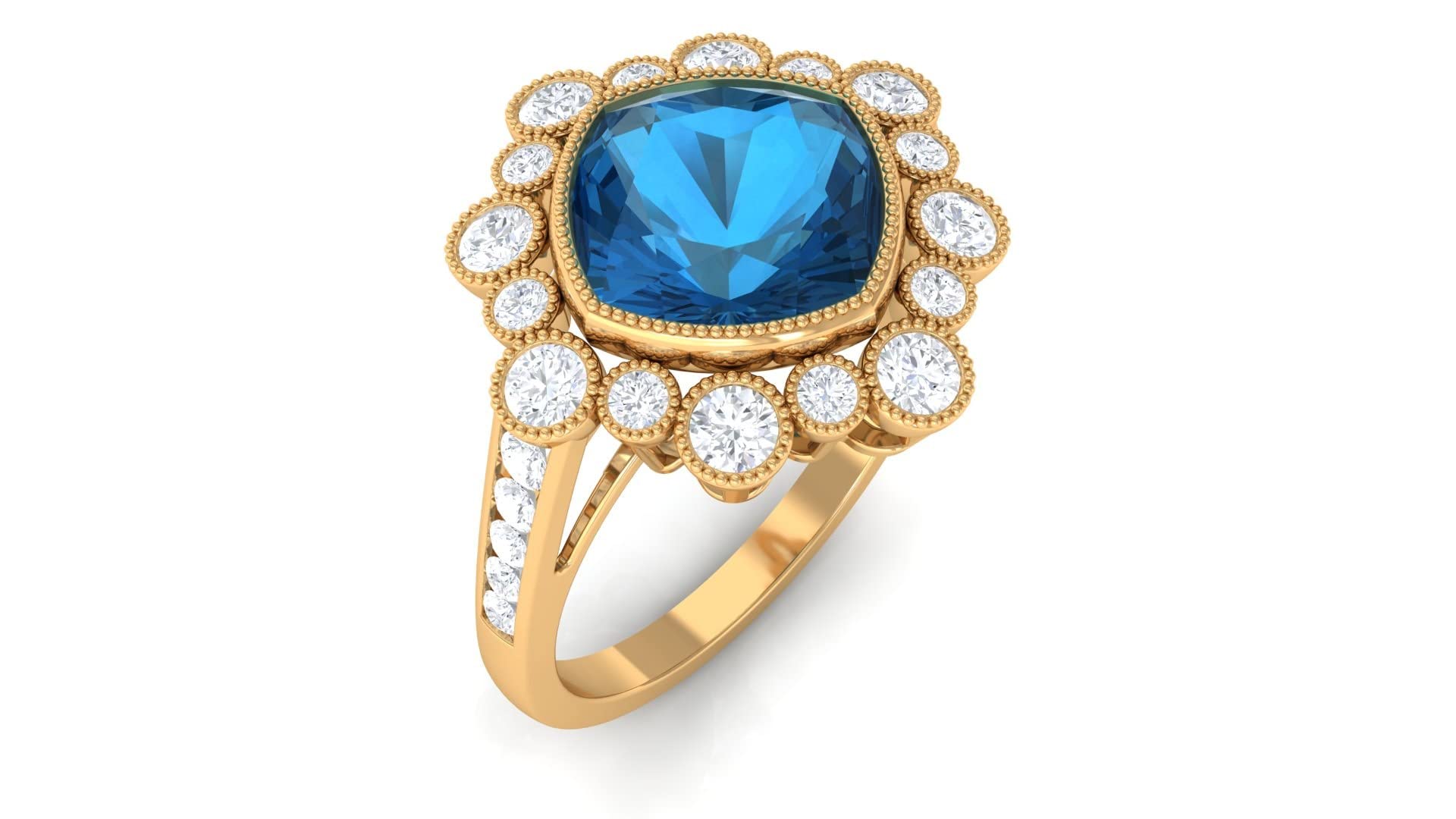 Certified London Blue Topaz & Moissanite Halo Engagement Ring - 4 Cttw AAA Quality in 14K Solid Gold - Perfect for Proposals, Anniversaries & Special Occasions