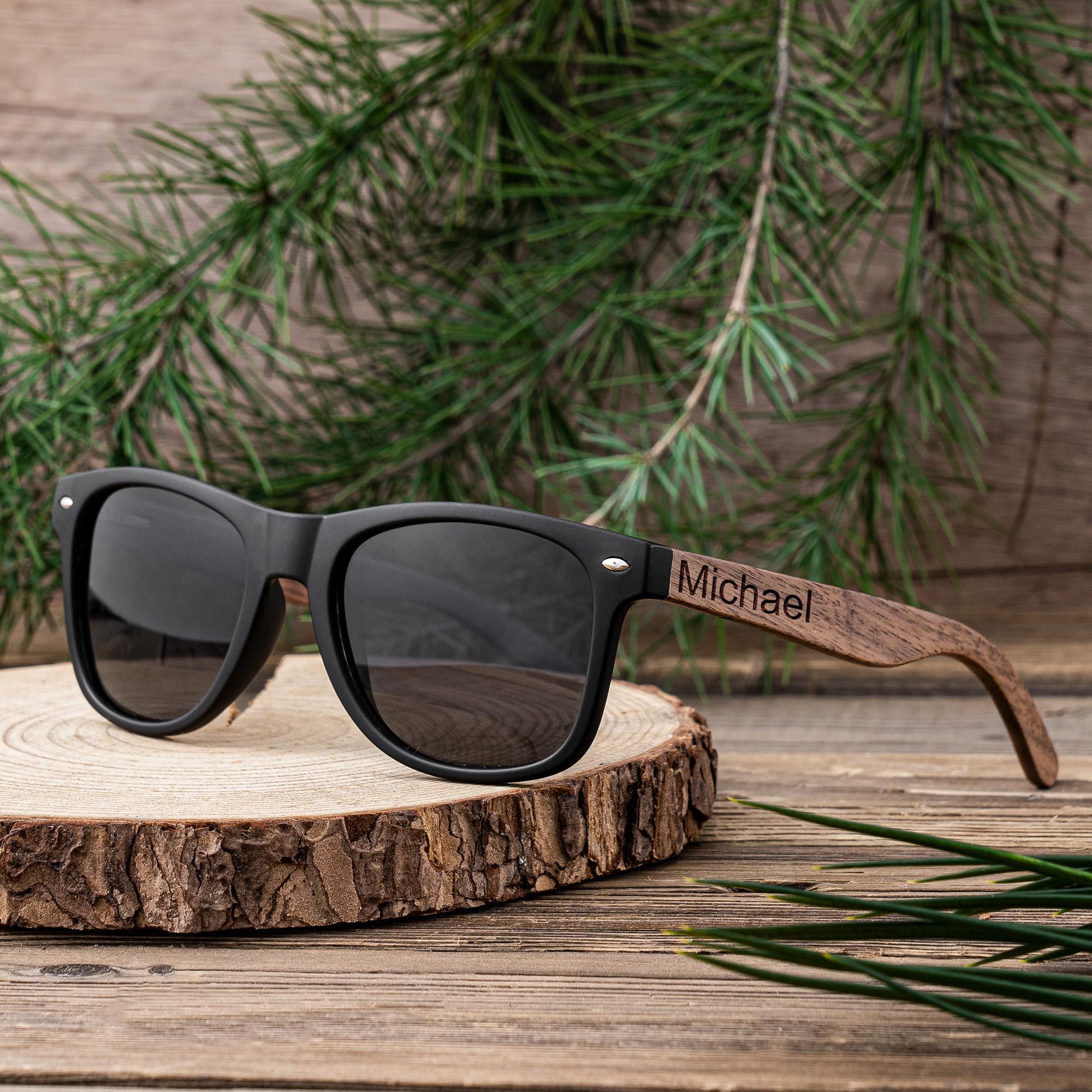 Handmade Walnut Wood Sunglasses for Men - Premium Groomsmen Gifts, Wedding Party Favors, Bachelorette & Valentine's Day Presents - Stylish Wooden Shades for Outdoor Events & Beach Weddings (Black)