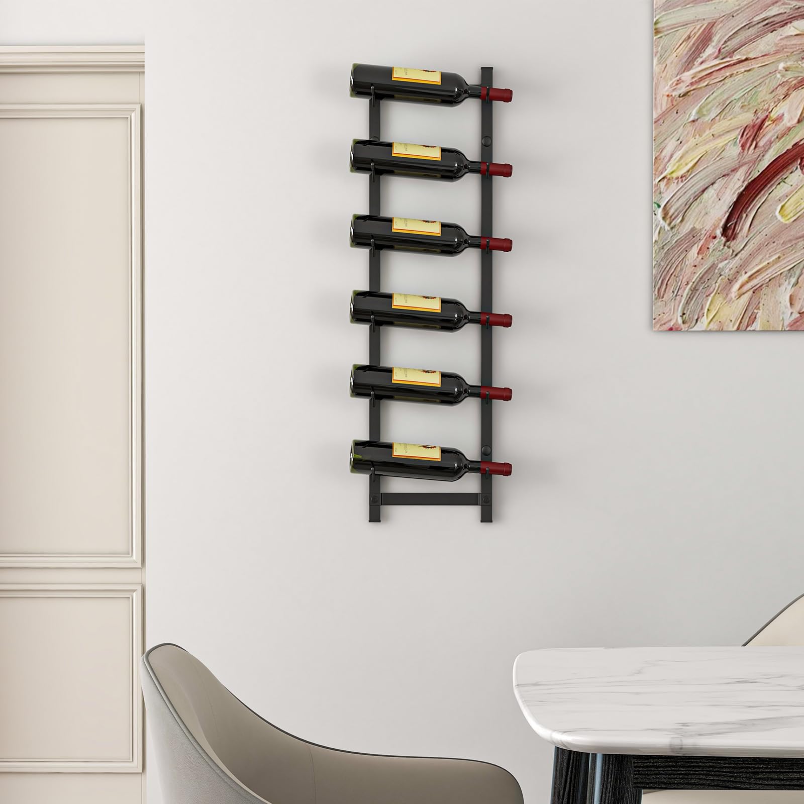 GOFLAME Wall Mounted Wine Rack for 6 Bottles - Rustproof Metal Hanging Wine Holder - Space Saving Wine Storage Organizer for Kitchen, Dining Room, Bar & Cellar - Perfect for Home Decor & Entertaining Guests (Black)