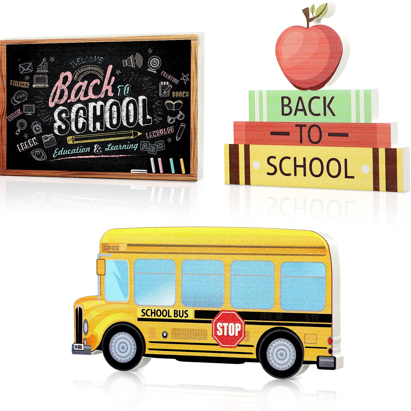 3-Piece Wooden Back to School Table Centerpiece Set - Teacher Appreciation & First Day of School Decor - Classroom Party Supplies for School Decorations - Perfect for Teacher Gifts, Classroom Celebrations & Welcome Back Events