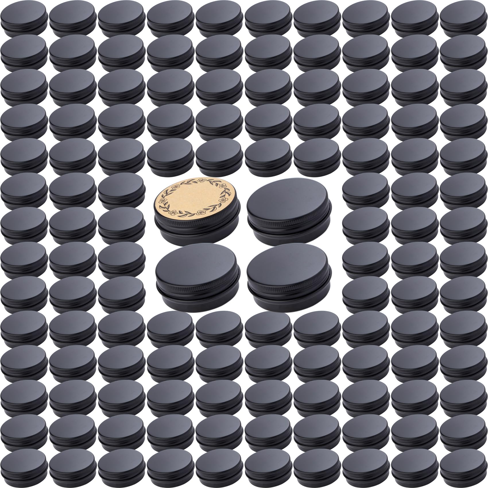 1 oz / 30ml Bulk Packaging Screw Top Aluminum Tin Jar with Airtight Lid & Blank Labels - Perfect for DIY Crafts, Essential Oils, Salves, and Travel-Sized Cosmetics (Black)