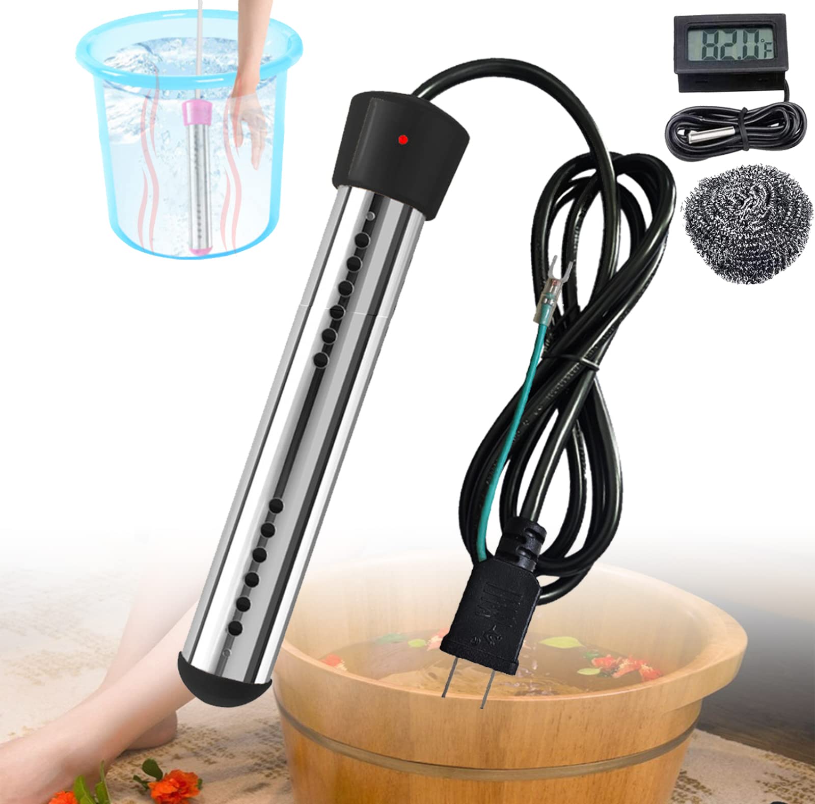 Fast Heating Electric Immersion Water Heater - Stainless Steel Submersible Bucket Heater with Safety Cover - Portable 5 Gallon Water Heater for Camping, Emergencies & Outdoor Use - Black