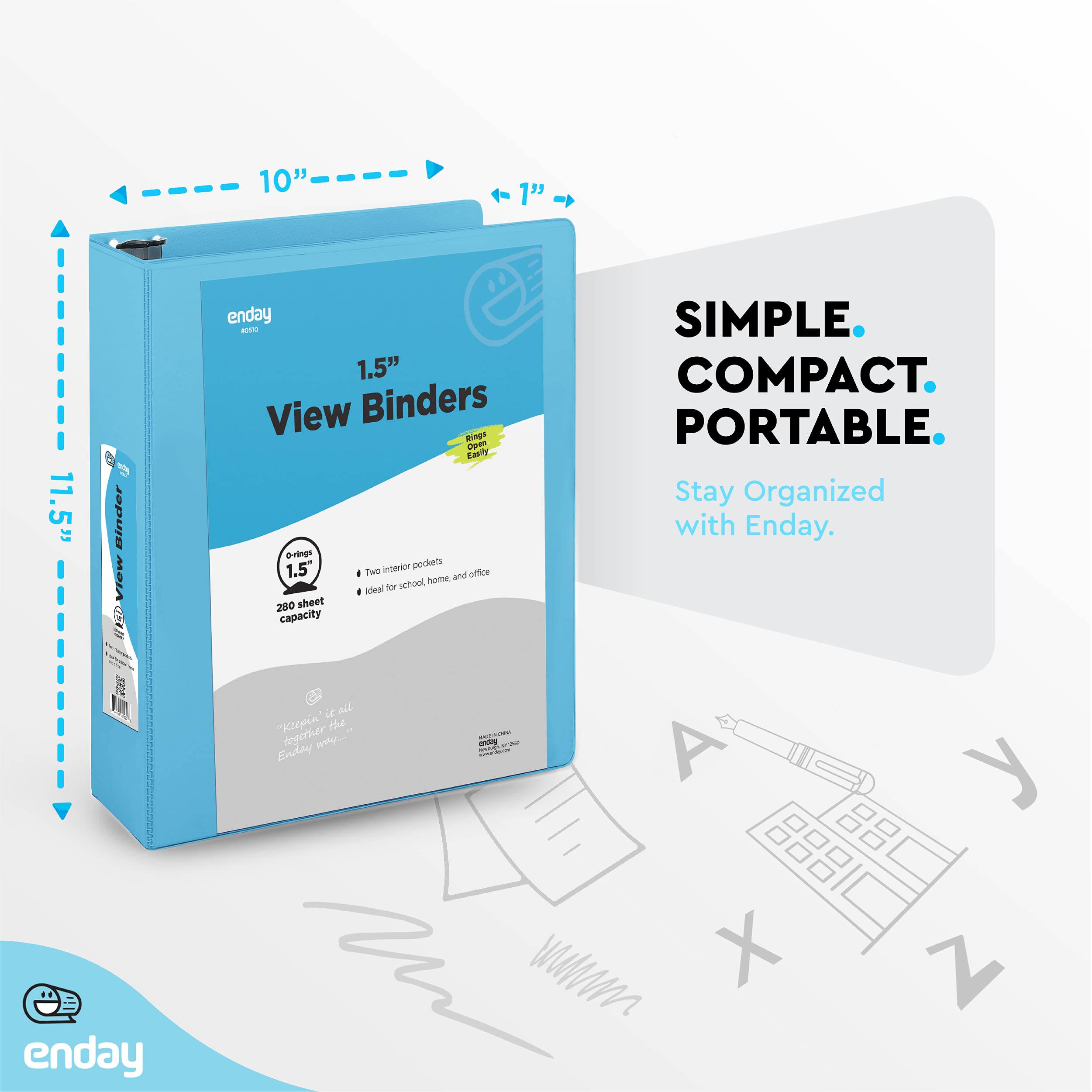 Enday 1.5 Inch Blue 3-Ring Binder with Clear View Cover & 2 Inside Pockets - Durable School & Office Supplies for Organizing Documents, Homework, Presentations - Perfect for Students, Teachers & Professionals