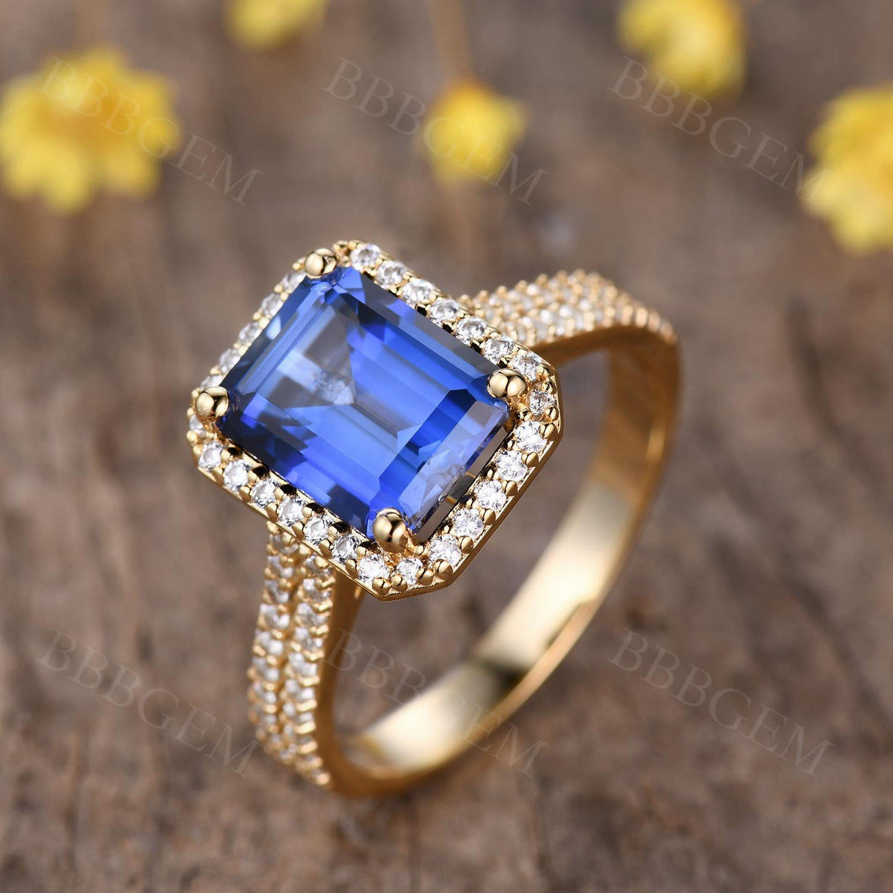 Vintage 8X10mm Emerald Cut Sapphire Ring with Diamond Halo - 14K Yellow Gold Wedding Band (4 Carat Total Weight) for Engagement, Anniversary & Special Occasions