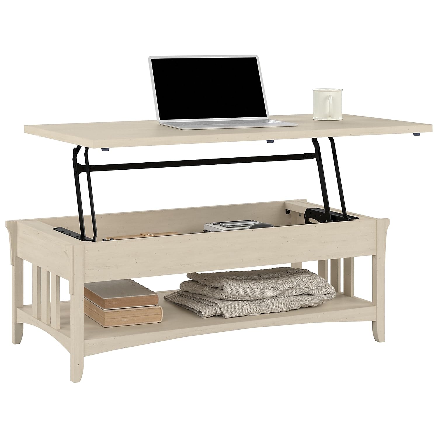 Bush Furniture Salinas Lift Top Coffee Table Desk with Storage in Antique White - Convertible Home Office Desk & Living Room Coffee Table with Hidden Storage Compartments