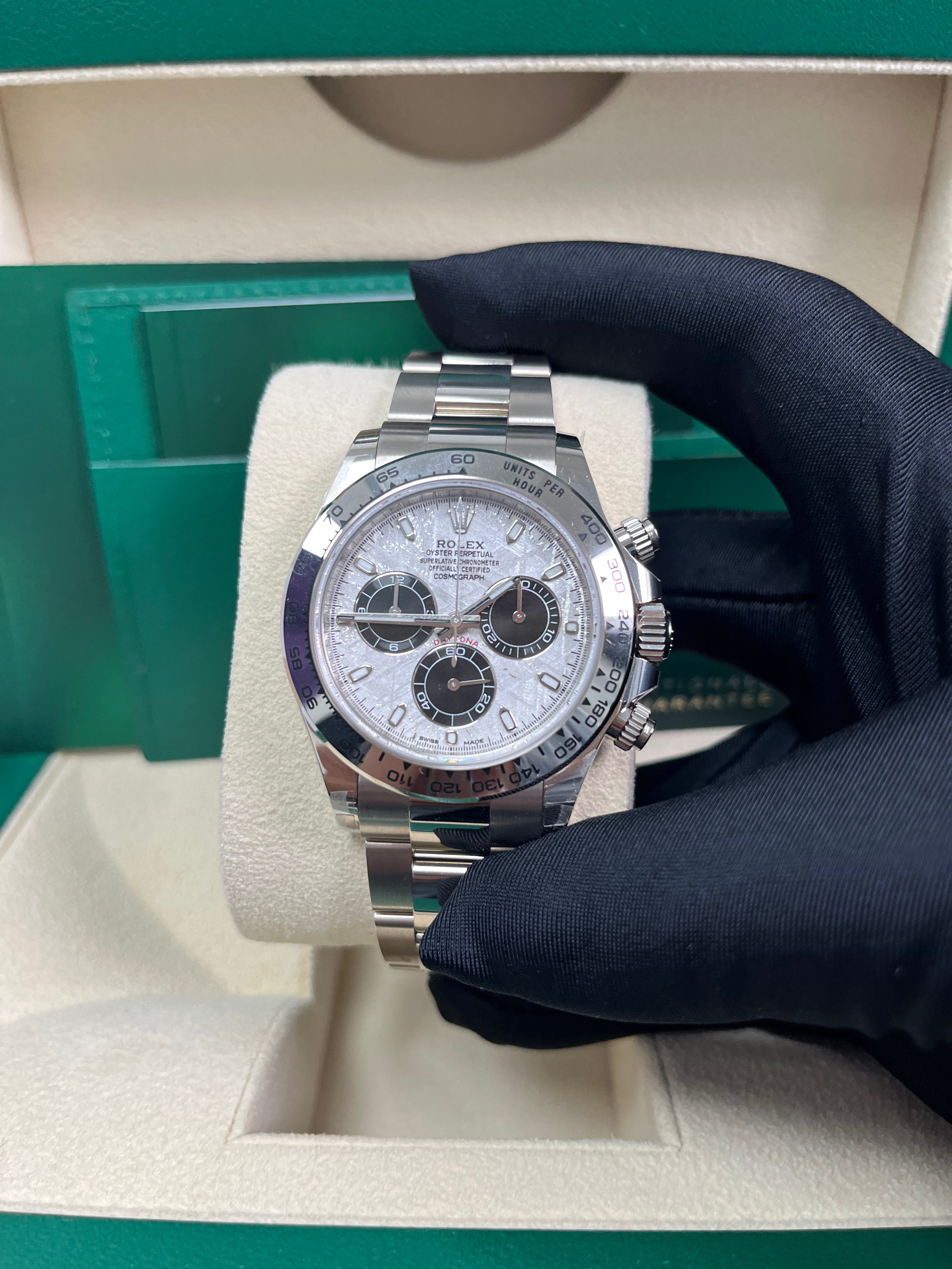 Rolex Daytona 116509 40mm White Gold Watch with Meteorite Dial & Black Oyster Bracelet - Luxury Men's Chronograph for Business, Gifting & Special Occasions